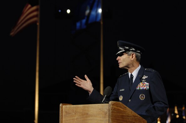 Air Force Chief of Staff Gen. Norton A. Schwartz delivers opening remarks for the NATO Tattoo held Oct. 6 on Bolling Air Force Base. The Tattoo, themed "Securing Our Freedom," was held in conjunction with the 2008 NATO Air Chiefs Conference, hosted by General Schwartz. (U.S. Air Force photo by Senior Airman Marleah Miller) (Released) 
