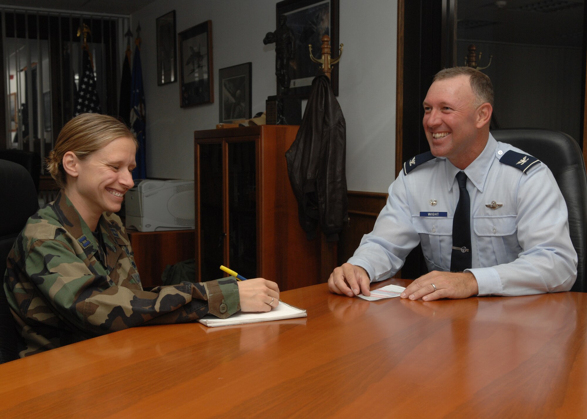 SPANGDAHLEM AIR BASE, Germany -- Capt. Sarah A. Ziegler, 23rd Fighter Squadron, participates in the commander’s shadow program, shadowing Col. Lee T. Wight, 52nd Fighter Wing commander, Oct. 8, 2008. During the program, an officer shadows the commander in his daily duties. (U.S. Air Force photo by Airman 1st Class Nicholas C. Wilson)