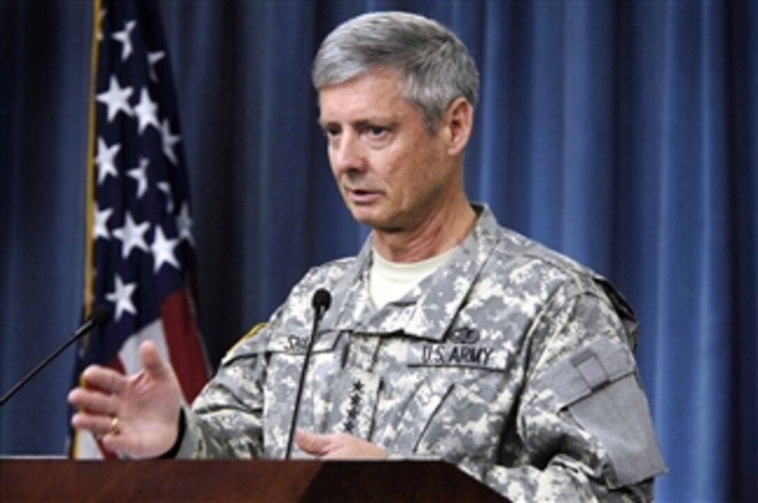 Commander of U.S. Forces in Korea Gen. Walter Sharp, U.S. Army, answers a reporter's question during a press briefing in the Pentagon on Oct. 8, 2008.  