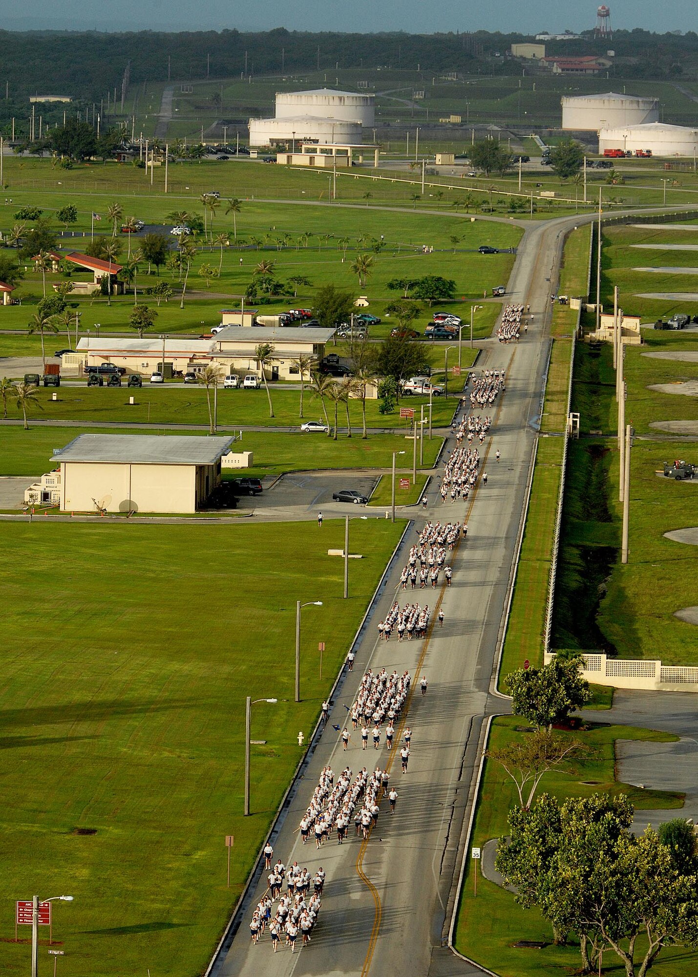 ANDERSEN AIR FORCE BASE, Guam - Team Andersen members led by Brig. Gen. Phil Ruhlman, 36th Wing commander, participate in the monthly wing run here Oct. 10. Every squadron in the 36th Wing was represented in individual formations led by its commander or first sergeant. The run is approximately 1.5 miles. (U.S. Air Force photo by Airman 1st Class Nichelle Griffiths)