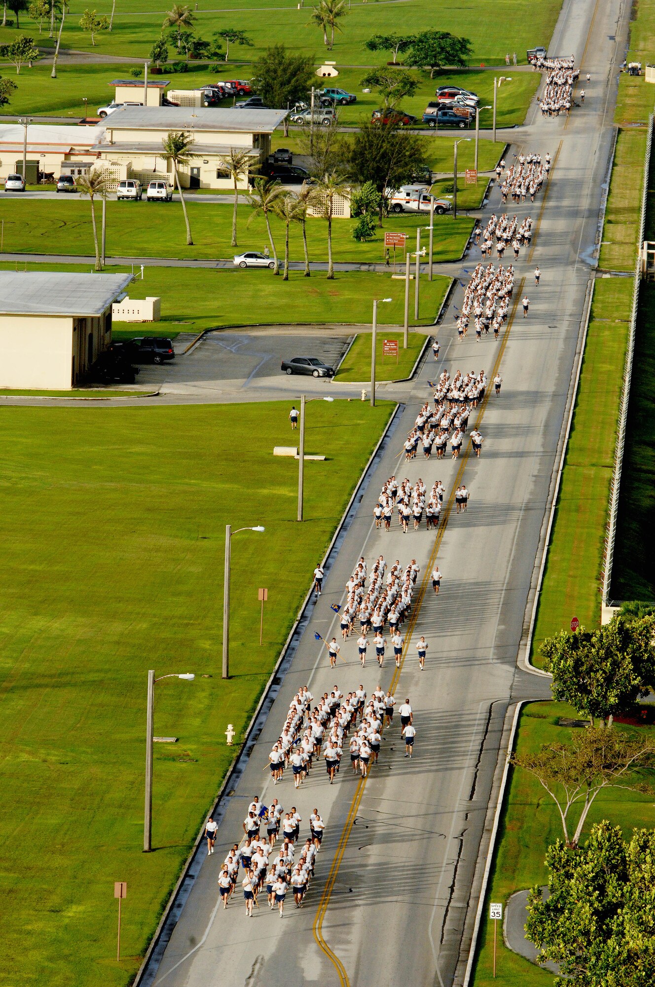 ANDERSEN AIR FORCE BASE, Guam - Team Andersen members led by Brig. Gen. Phil Ruhlman, 36th Wing commander, participate in the monthly wing run here Oct. 10. Andersen's monthly wing run is approximately 1.5 miles and emphasizes physical training while promoting esprit de corps.(U.S. Air Force photo by Airman 1st Class Nichelle Griffiths)
