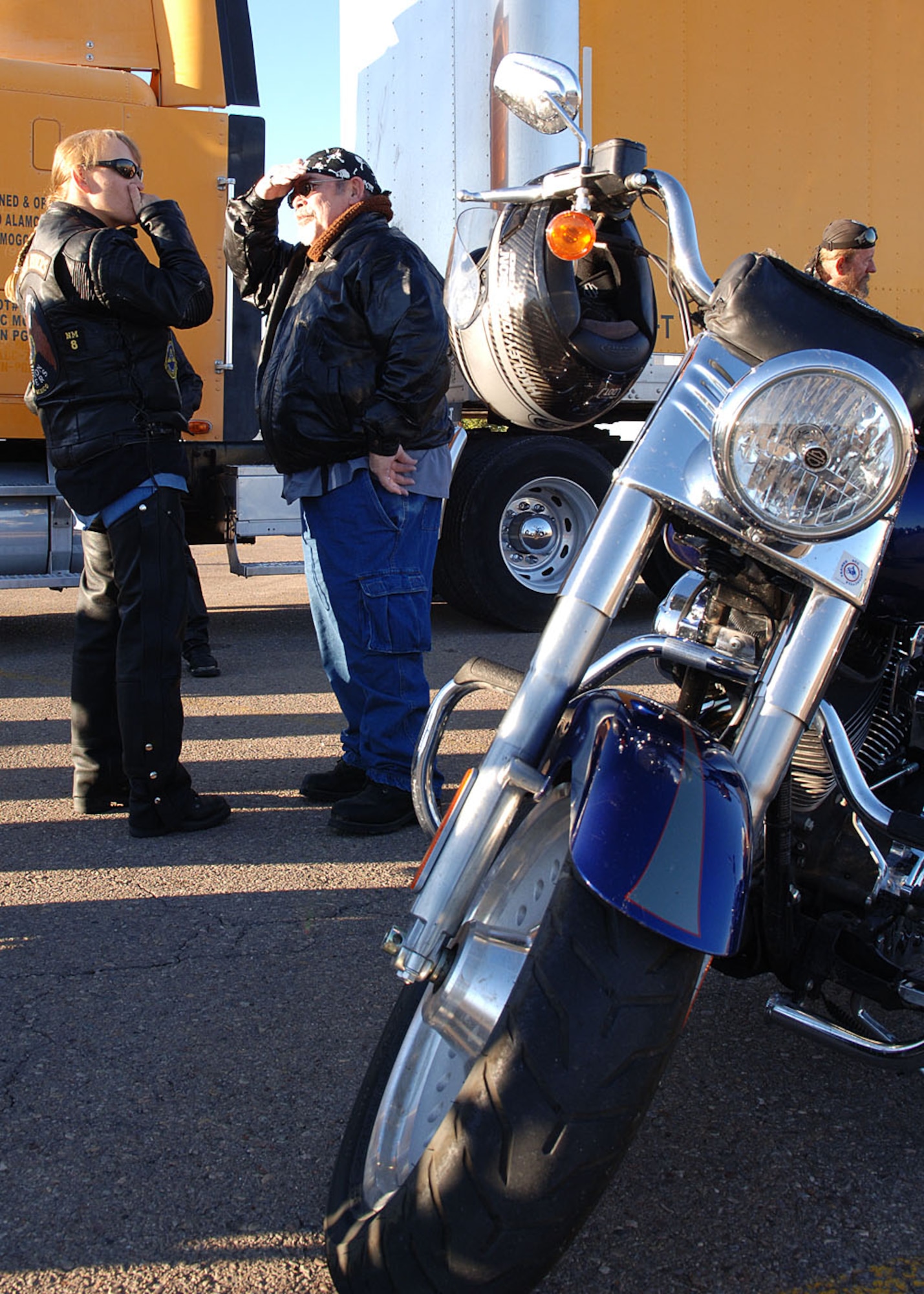 Members of the American Legion Riders converse before their trip to Brooke Army Medical Center, Texas, October 7, in Alamogordo, N.M.  The American Legion Riders pictured are apart of American Legion Riders Chapter 8, Post 108.  (U.S. Air Force photo by Airman 1st Class John D. Strong II)