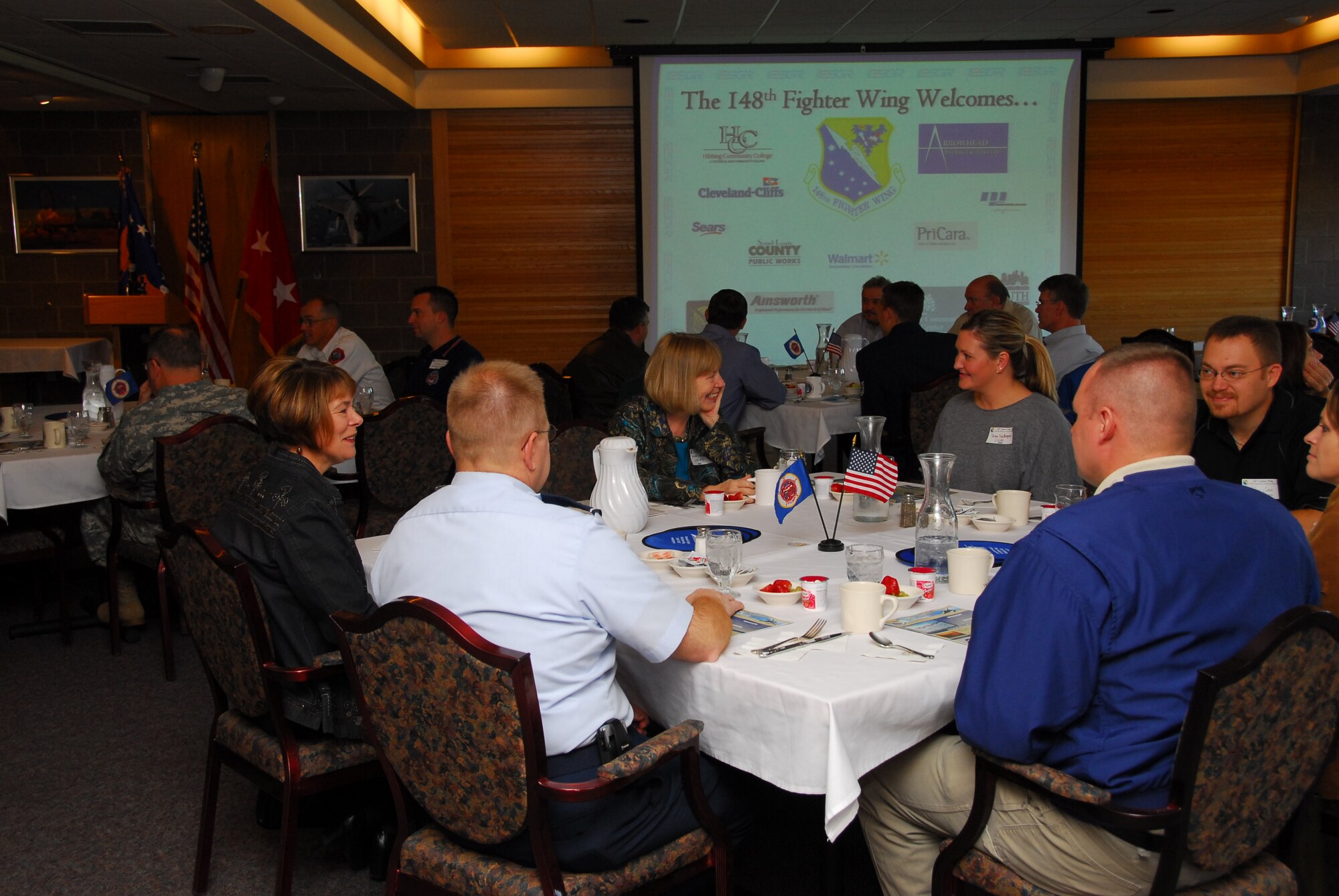 Airmen from the 148th Fighter Wing and their civilian employers participate in an Employer Support of the Guard and Reserve (ESGR) breakfast at the Duluth, Minn. Air National Guard base October 9th, 2008.  The event promoted cooperation and understanding between Guard members and their civilian employers.  (U.S. Air Force photo by TSgt Jason Rolfe) (Released) 
