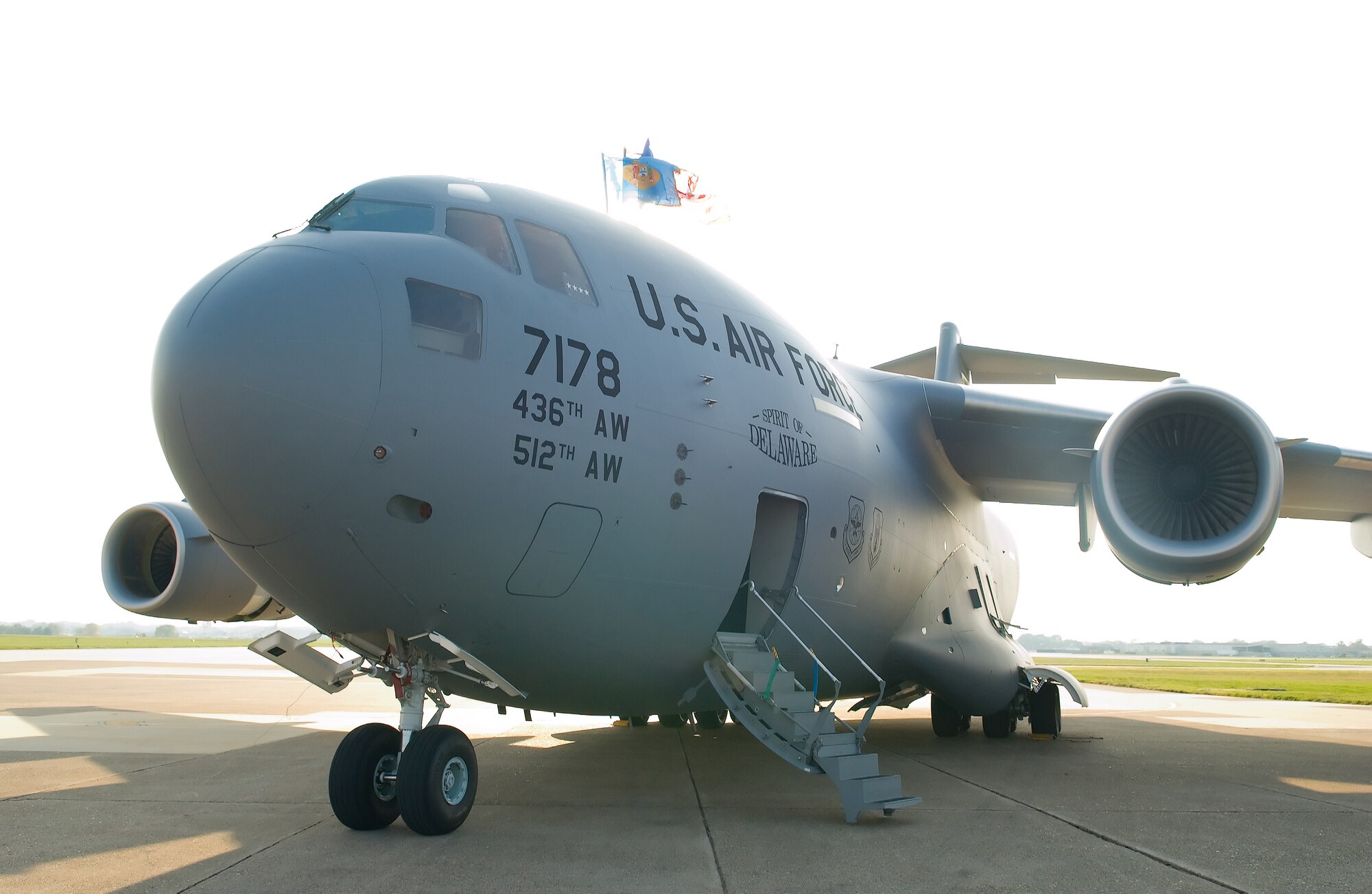 The Spirit of Delaware, Dover's 13th and final C-17 Globemaster III, sits at the Air Mobility Command Museum Oct. 8.  Gen. Arthur Lichte, AMC commander, served as the delivery official for Dover's last assigned C-17.  (U.S. Air Force photo Roland Balik)