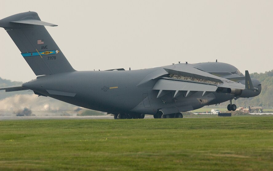 The Spirit of Delaware, Dover's 13th and final C-17 Globemaster III, arrives at the Air Mobility Command Museum Oct. 8.  Gen. Arthur Lichte, AMC commander, served as the delivery official for Dover's last assigned C-17.  (U.S. Air Force photo Roland Balik)