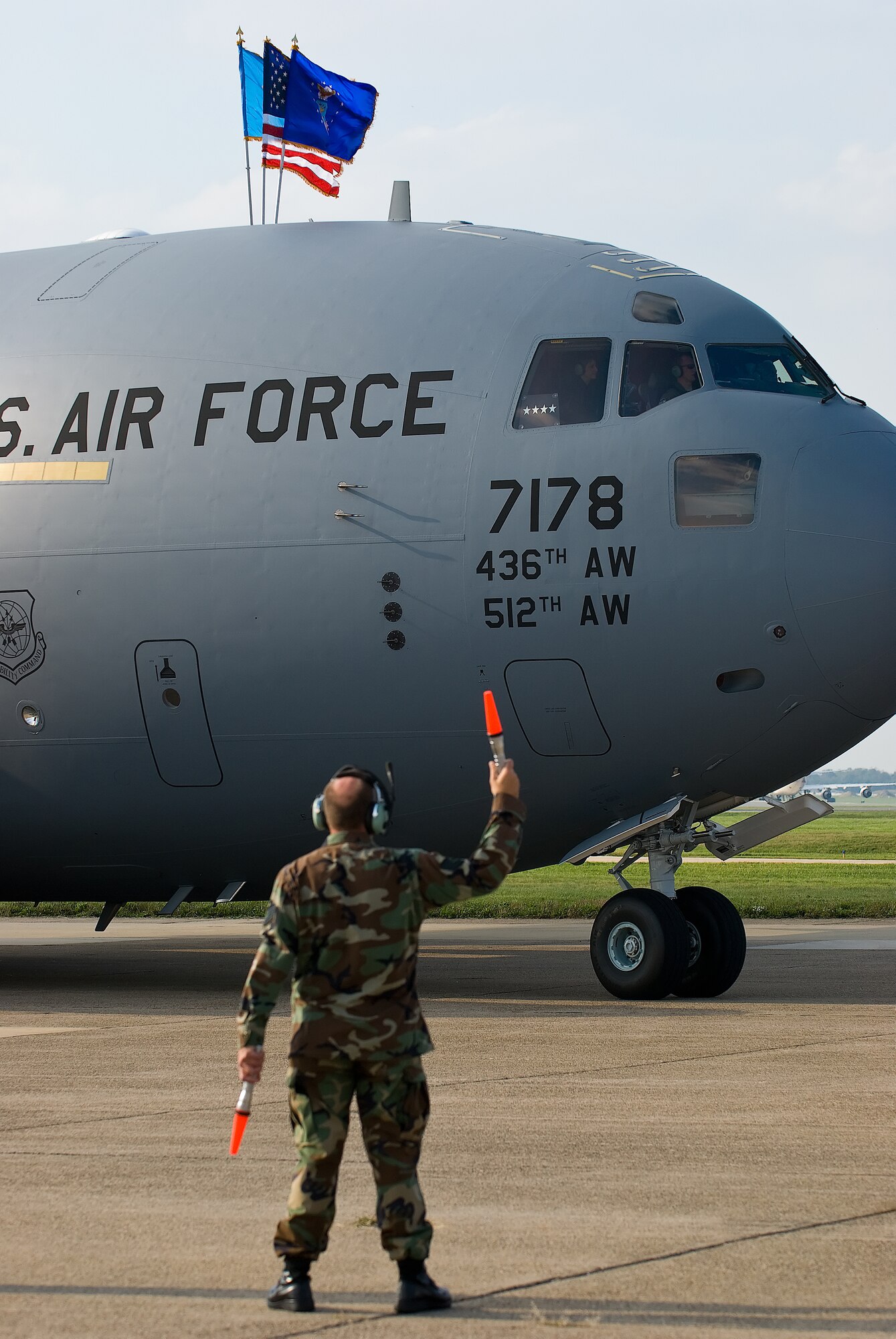The Spirit of Delaware, Dover's 13th and final C-17 Globemaster III, arrives at the Air Mobility Command Museum Oct. 8.  Gen. Arthur Lichte, AMC commander, served as the delivery official for Dover's last assigned C-17.  (U.S. Air Force photo Roland Balik)