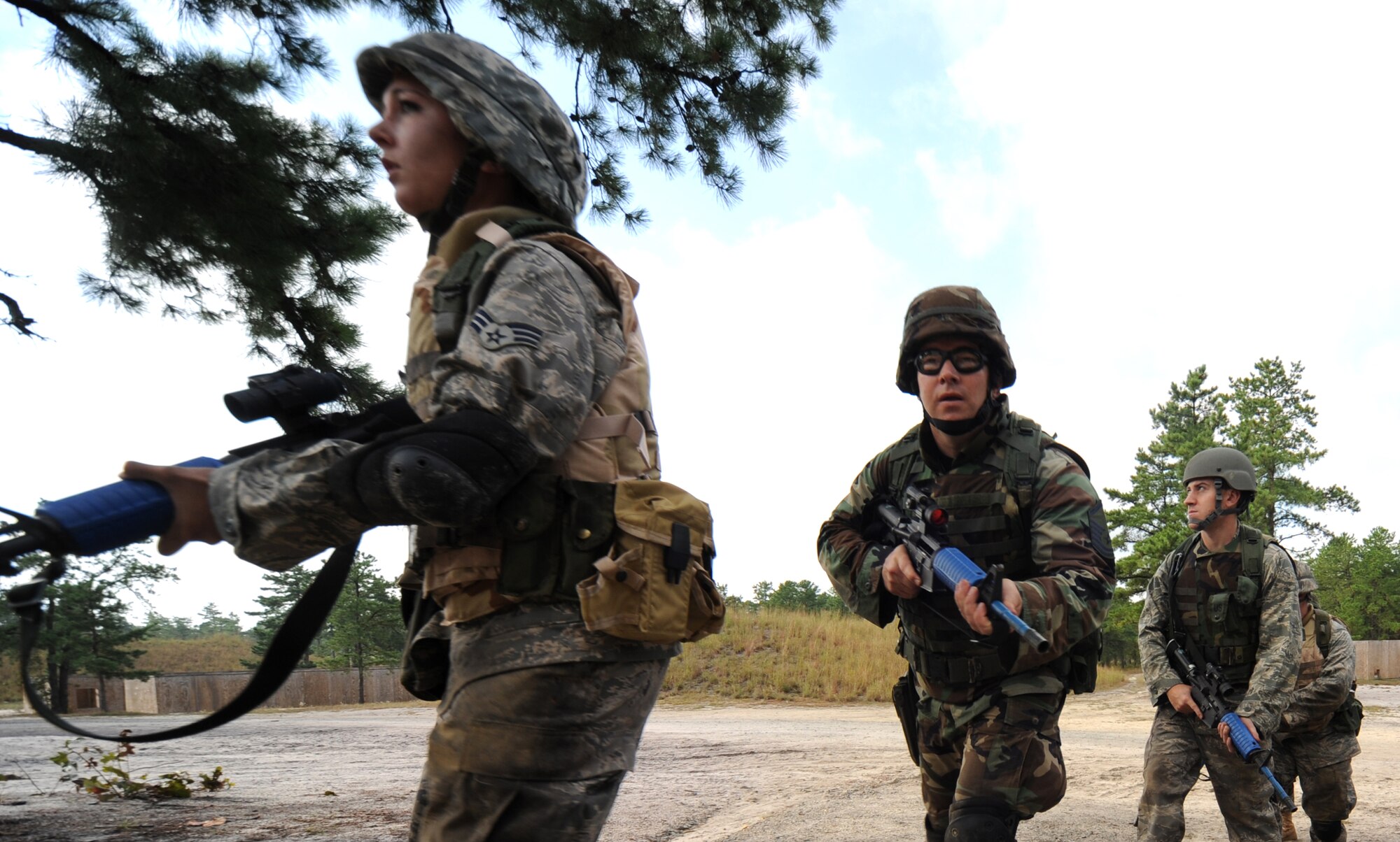 Students partcipate in functional-specific training for the Air Force legal career field on a Fort Dix, N.J., range Oct. 1, 2008.  The functional-specific training for the students of the Air Force legal career field focuses on contingency skills basics, rules of use of force, rules of engagement and expeditionary basics for legal Airmen on deployment. The training is held for three days prior to them attending the Advanced Contingency Skills Training Course taught by the U.S. Air Force Expeditionary Center's 421st Combat Training Squadron on Fort Dix.  (U.S. Air Force Photo/Staff Sgt. Nathan Bevier)