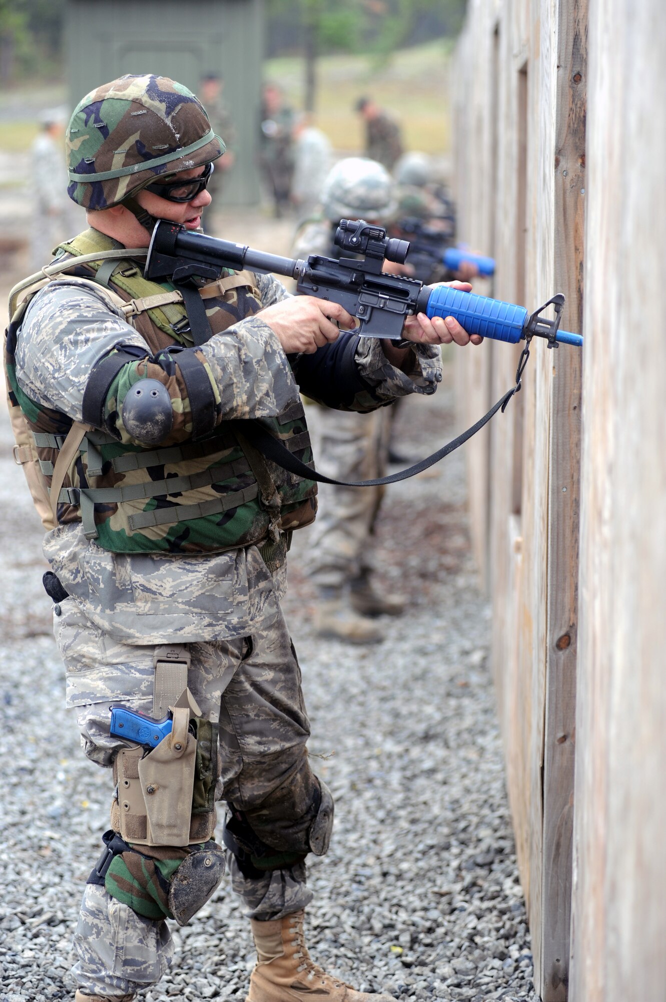 Lt. Col. Daniel Bertsch, from the North Dakota Air National Guard Headquarters legal office in Fargo, N.D., is among students partcipating in functional-specific training for the Air Force legal career field during a class on a Fort Dix, N.J., range Oct. 1, 2008.  The functional-specific training for the students of the Air Force legal career field focuses on contingency skills basics, rules of use of force, rules of engagement and expeditionary basics for legal Airmen on deployment. The training is held for three days prior to them attending the Advanced Contingency Skills Training Course taught by the U.S. Air Force Expeditionary Center's 421st Combat Training Squadron on Fort Dix.  (U.S. Air Force Photo/Staff Sgt. Nathan Bevier)