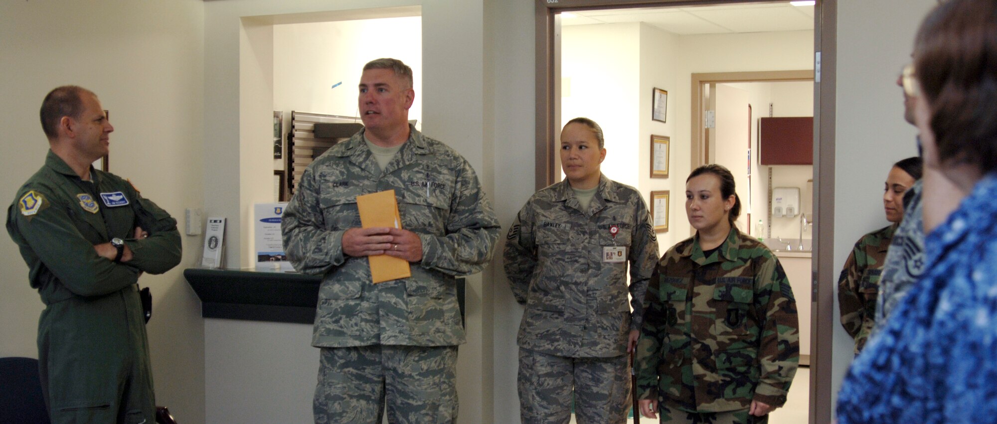 MCCONNELL AIR FORCE BASE, Kan. -- 1st. Lt. James Clark, 22nd Medical Support Squadron briefs McConnell Airmen about the new procedures for testing bone marrow at the base medical clinic, Oct. 2. The procedure is like that of a fingerprint. An individual takes a cotton swab to his mouth and swabs for 30 seconds. The swab is then attached to a paper with the individual’s information, tested and the results stay in the person’s medical file for the rest of their life. (Photo by Senior Airman Laura Suttles)