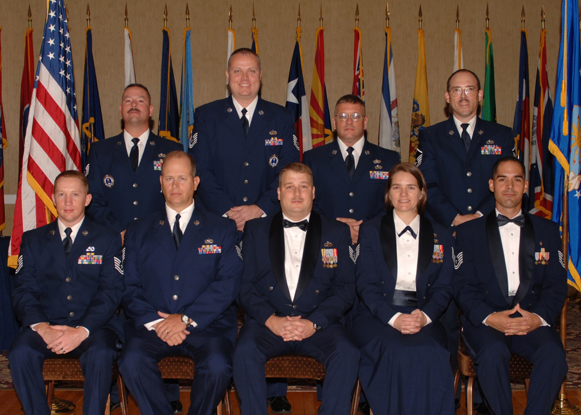 The BLAZE team congratulates its newest senior noncommissioned officer inductees. To Master Sgt.: Charles Sanders, 14th Flying Training Wing; Paul Treece, 14th FTW; Joseph Warren, 14th Comptroller-Contractiong Squadron (Provisional); Heather Deckley, 14th Force Support Squadron; Kyle Scafidi, 14th Medical Support Squadron; Scott Sampson, 332nd Recruiting Squadron; David Hopson, 332nd RCS; to Senior Master Sgt.: Richard Morenz, 14th Communications Squadron; Samuel Thornton, 14th CS. (U.S. Air Force photo by Elizabeth Owens)