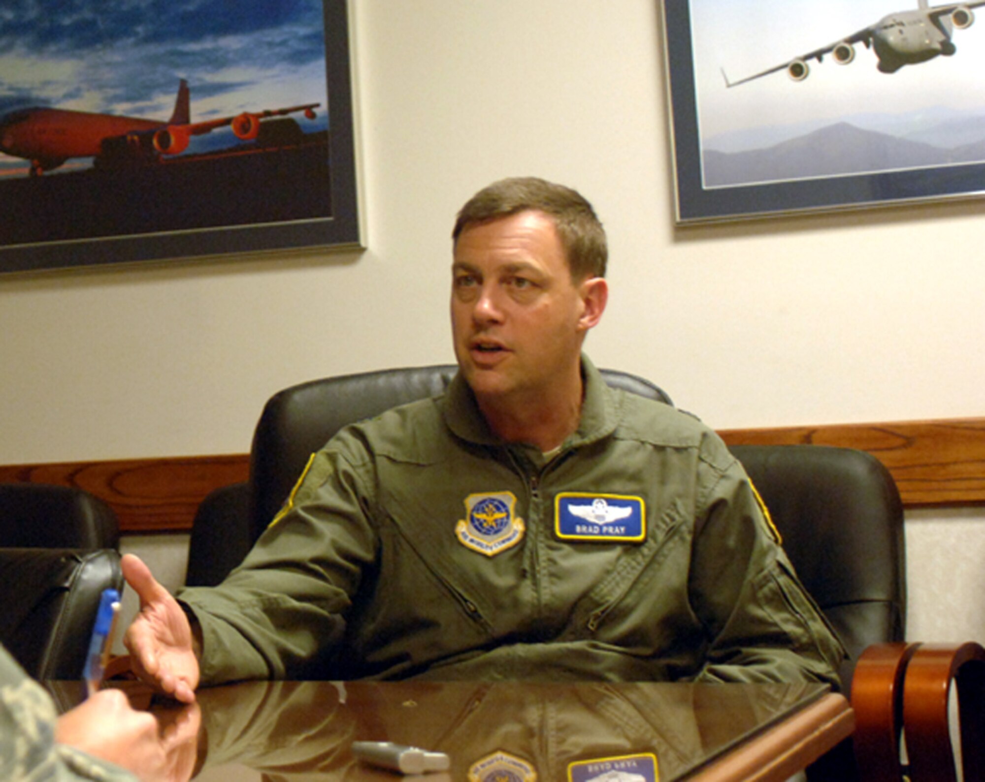Brigadier Gen. Bradley Pray, Deputy Director of Air, Space and Information Operations, Headquarters Air Mobility Command, reflects on Columbus AFB and its team shortly after receiving a T-1 Jayhawk orientation flight from the 48th Flying Training Squadron Sept. 26. General Pray was the graduation speaker for Special Undergraduate Training Class 08-15. (U.S. Air Force photo by Airman Josh Harbin)
