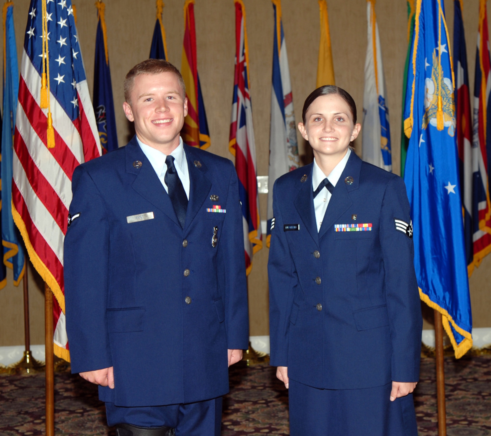 The 14th Flying Training Wing congratulates the September enlisted promotees. Pictured are: to Airman: Ross Fant, 14th Security Forces Squadron; to Senior Airman: Amanda Fitzgerald, 14th Medical Operations Squadron. (U.S. Air Force photo by Elizabeth Owens)