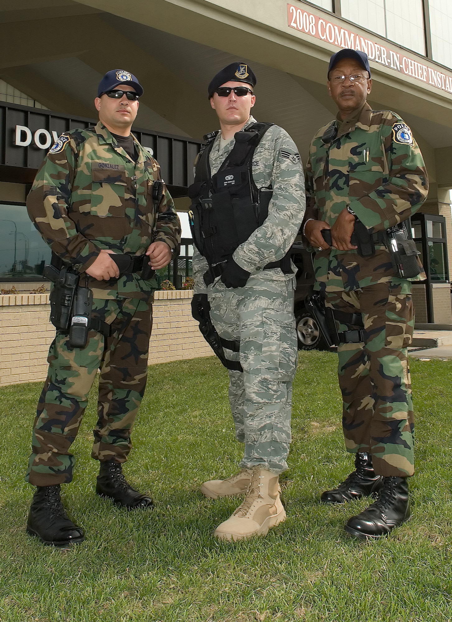 DOVER AIR FORCE BASE, Del. ? The new civilian police officers will wear a BDU-like unform, but will wear shoulder patches and will have a blue ball cap instead of the black beret normally worn by 436th Security Forces Squadron members.(U.S. Air Force photo/Jason Minto)