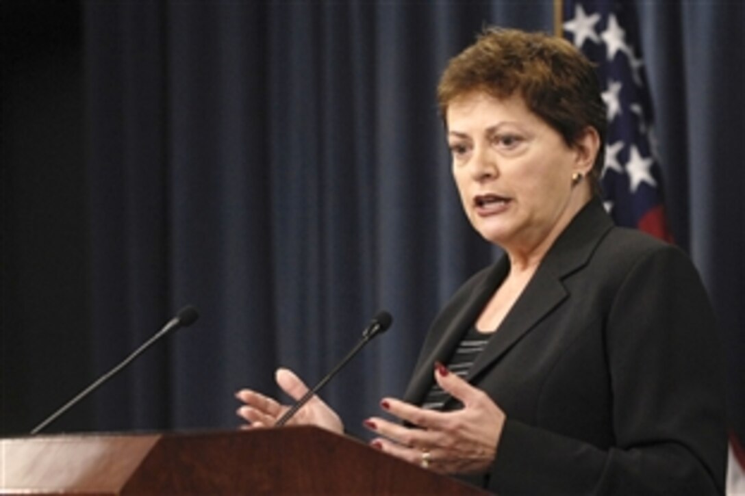 Federal Voting Assistance Program Director Polli Brunelli discusses recent efforts to educate and inform overseas military voters on how to expedite delivery of ballots during a press briefing at the Pentagon, Oct. 9, 2008.   