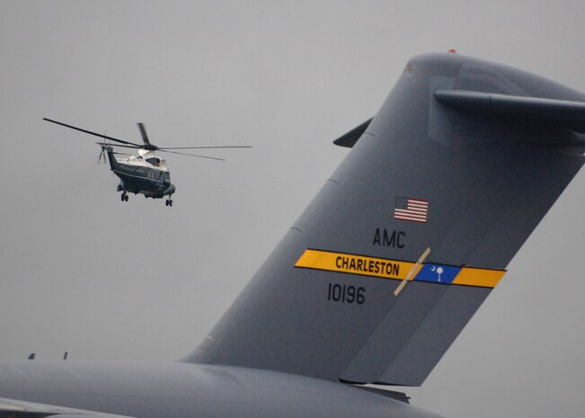 Marine One transports President George Bush off Charleston Air Force Base, S.C., Oct. 10.  President Bush met with more than 250 Team Charleston members en route to an event at Kiawah Island, S.C. (U.S. Air Force photo/Airman 1st Class Timothy Taylor)