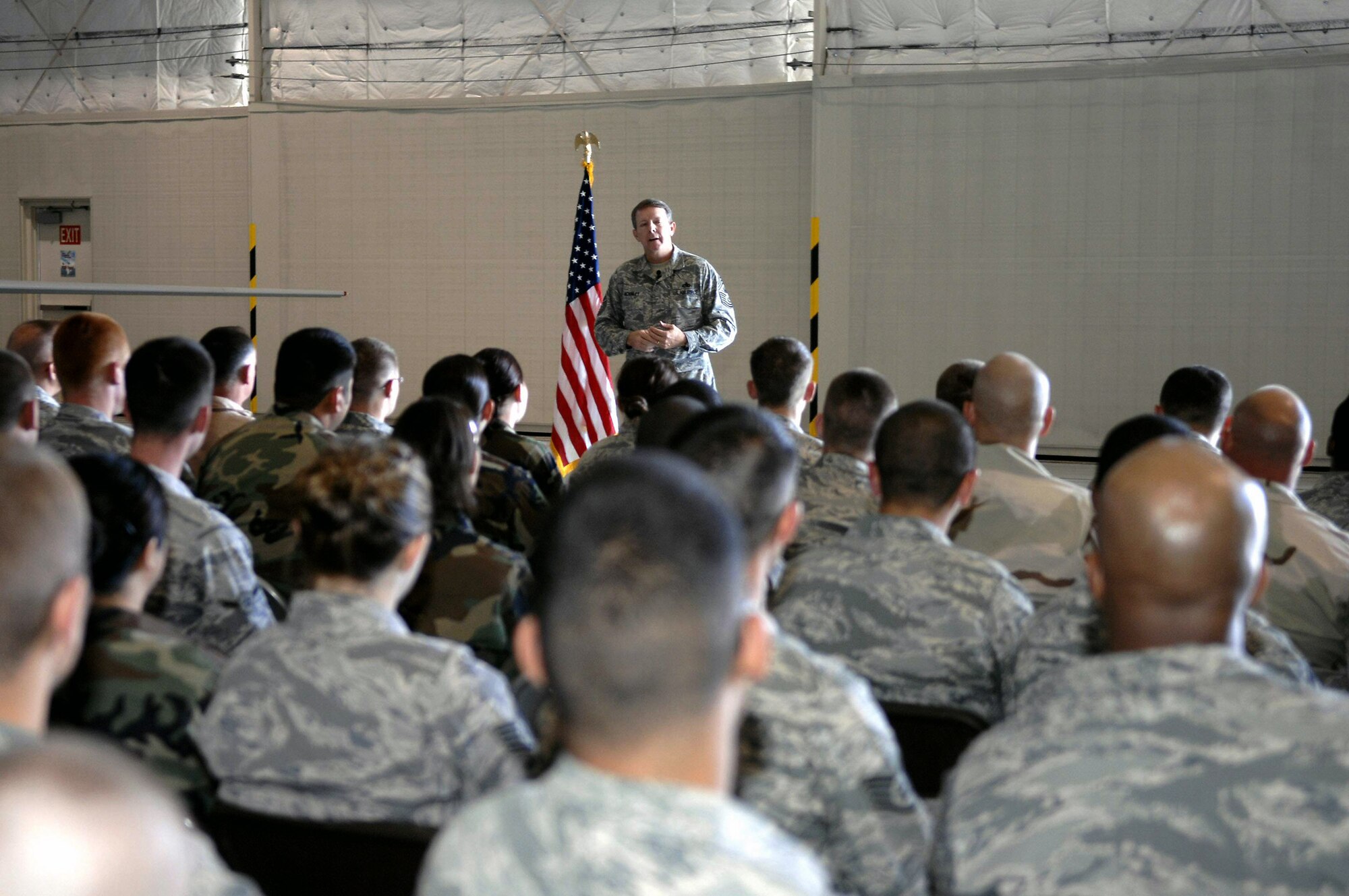 Chief Master Sgt. of the Air Force Rodney J. McKinley addresses Airmen Oct. 7 at Creech Air Force Base, Nev. Chief McKinley visited Creech AFB and the 432nd Wing Airmen to get a firsthand look at operations and quality of life of the Airmen here. (U.S. Air Force photo/Airman 1st Class Stephanie Rubi)
