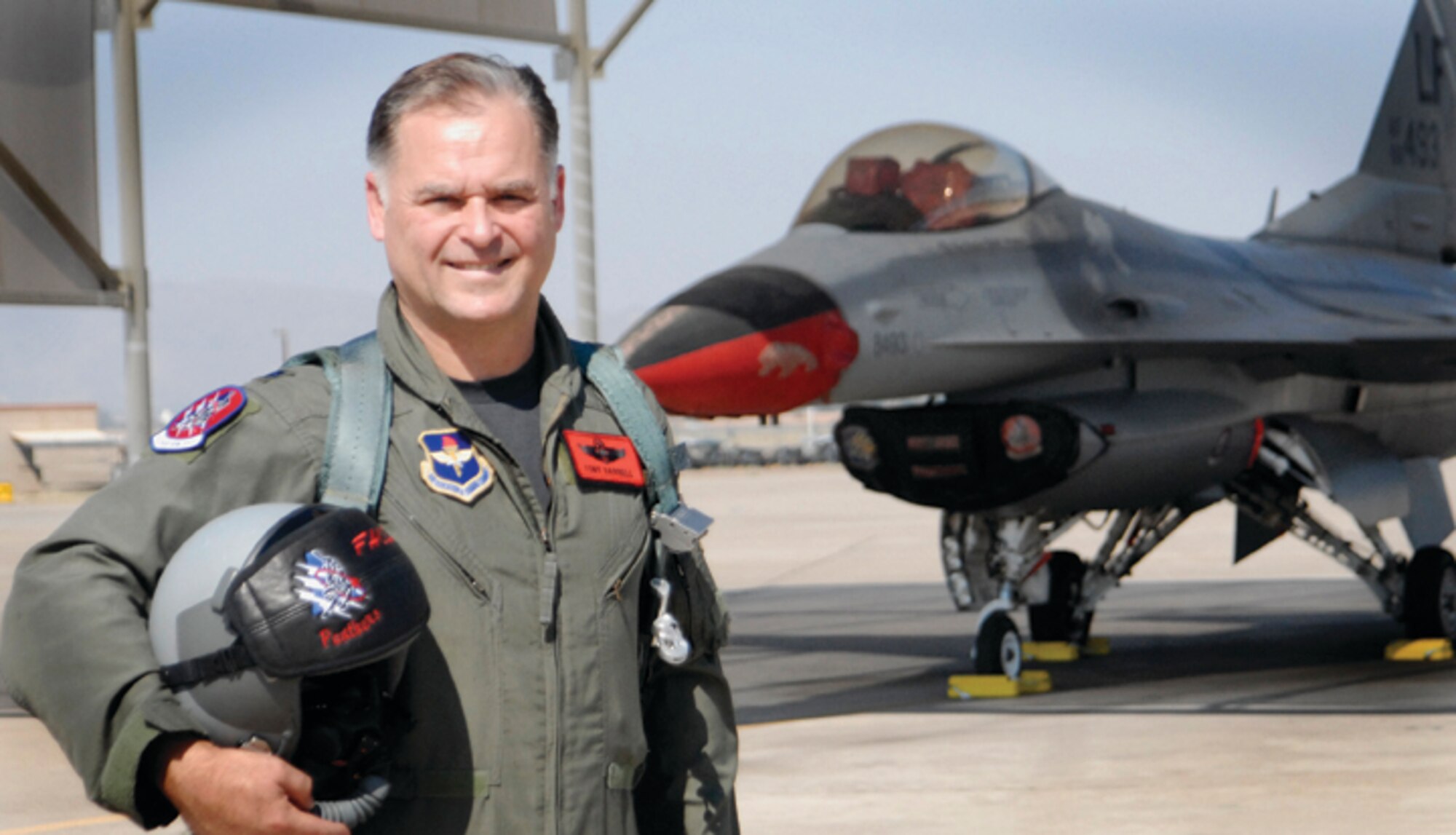 Lt. Col. Tony Barrell, 56th Fighter Wing Range Management Office air range operations chief, at the Barry M. Goldwater Range, has completed more than 3,000 flying hours in the F-16. (U.S. Air Force photo/Master Sgt. William Gomez.)