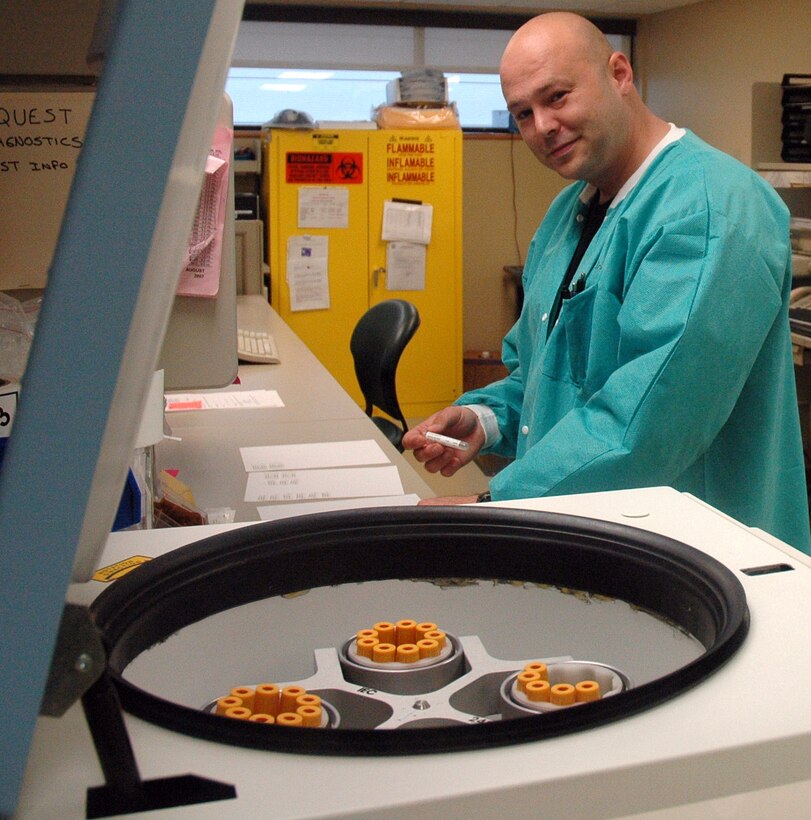 Staff. Sgt. Bryan Windhorst, a lab technician with the 446th Aerospace Medicine Squadron, analyzes blood work during the Reserve weekend physicals in September. Sergeant Windhorst is one of more than 2,400 Citizen Airmen in the 446th Airlift Wing, McChord Air Force Base, Wash., serving our nation. (U.S. Air Force photo/Tech. Sgt. Jake Chappelle)