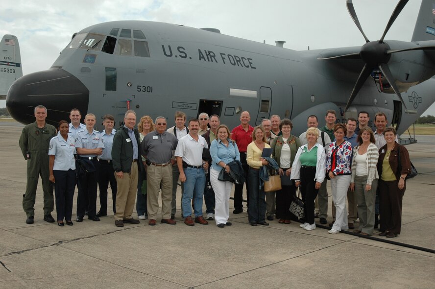 The 403rd Wing Public Affairs at Keesler Air Force Base, MS, hosted the 919th Special Operations Wing Civic Leader Tour on 7 October 2008. This tour gave the Civic Leaders a glimpse of the ongoing changes taking place at Keesler AFB after Hurricane Katrina. This tour also shows the distinctive role that the Hurricane Hunters play, as they are the only Reserve Componet that supports the National Weather Center during hurricane season. The leaders received several mission briefings and viewed static displays of the new "P-19" Fire Truck along with the "Hurricane Hunter" WC-130J. (U.S. Air Force Photo by 2nd Lt. Joe Pearce.)