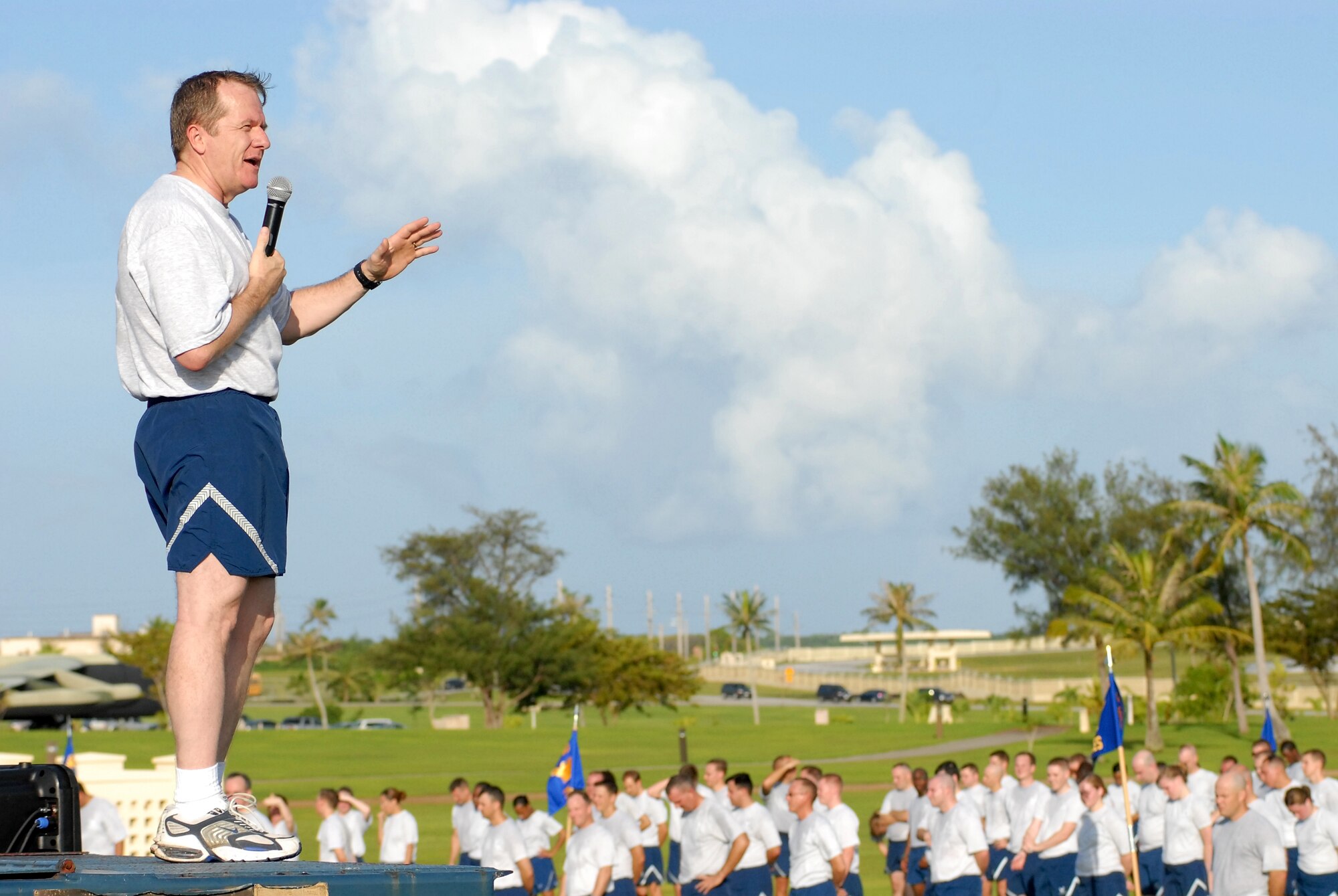 ANDERSEN AIR FORCE BASE, Guam – Brigadier Gen. Phil Ruhlman, 36th Wing commander, addresses Team Andersen after an early-morning wing run here Oct. 10. The 36th Wing participates in a monthly 1.5 mile run to enhance esprit de corps, teamwork and readiness.  (U.S. Air Force photo by Master Sgt. Lisa M. Zunzanyika)