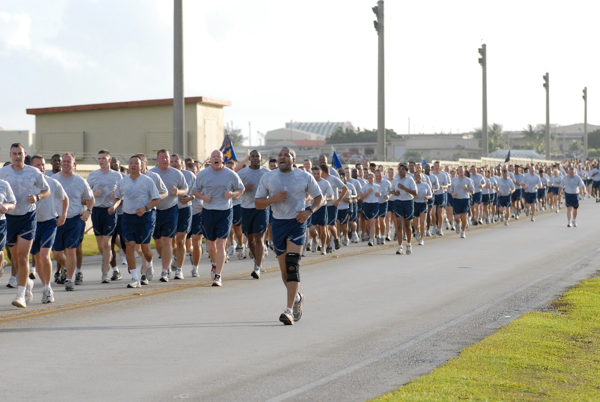 ANDERSEN AIR FORCE BASE, Guam – Technical Sgt. Vanderbill King, 36th Communications Squadron, calls cadence during the Team Andersen wing run here Oct. 10. The 36th Wing participates in a monthly 1.5 mile run to enhance esprit de corps, teamwork and readiness.  (U.S. Air Force photo by Master Sgt. Lisa M. Zunzanyika)