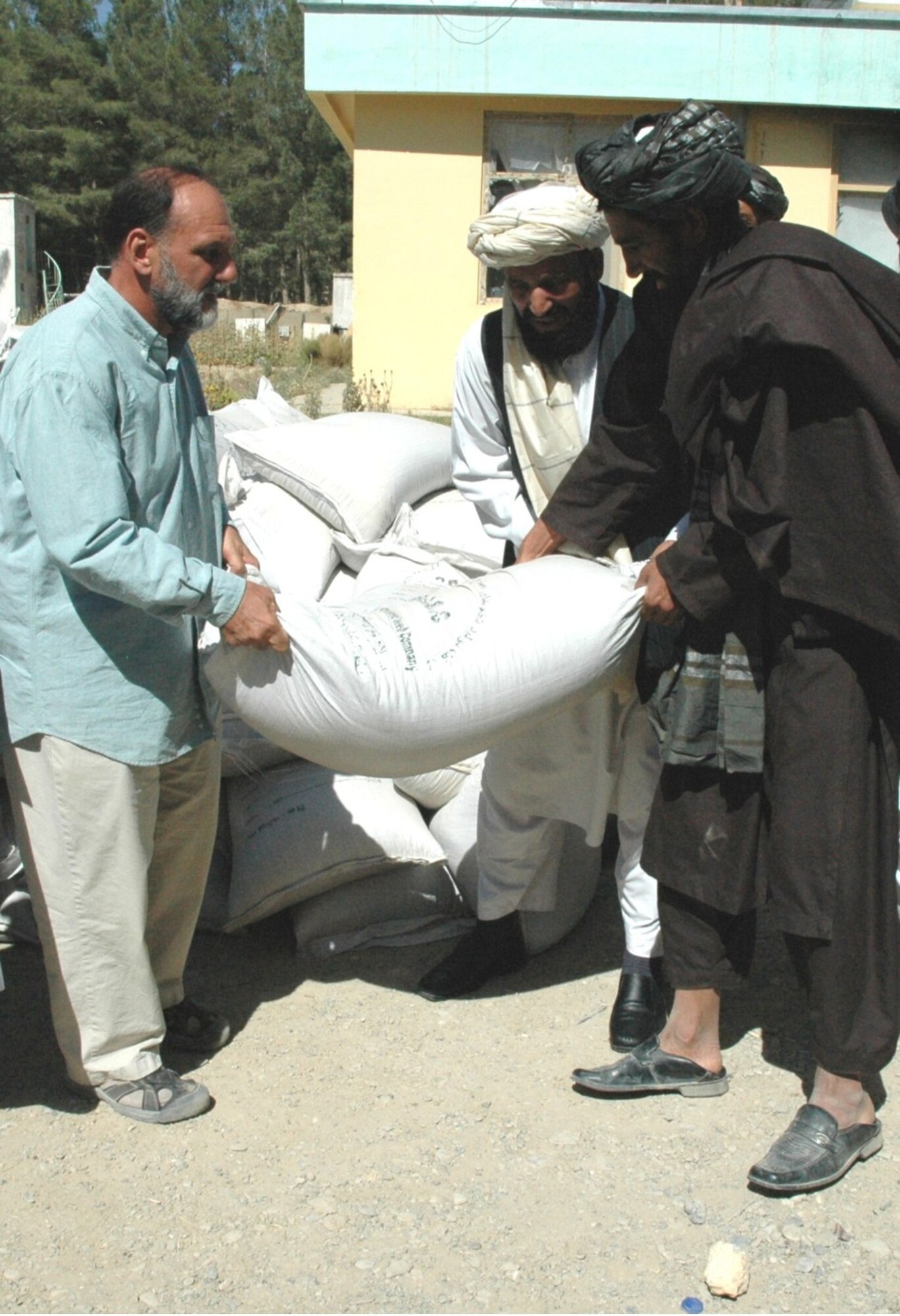 Oct. 9, Christoph Greco and Zabul Deputy Governor Gulab Shah hand a 100 pound bag of winter wheat seed to a village elder in Shahr-e-Safa of Zabul province. Greco is a U.S. Department of Agriculture representative working with the Zabul Provincial Reconstruction Team. Both helped organize the delivery of 260 metric tons of seed to the province.