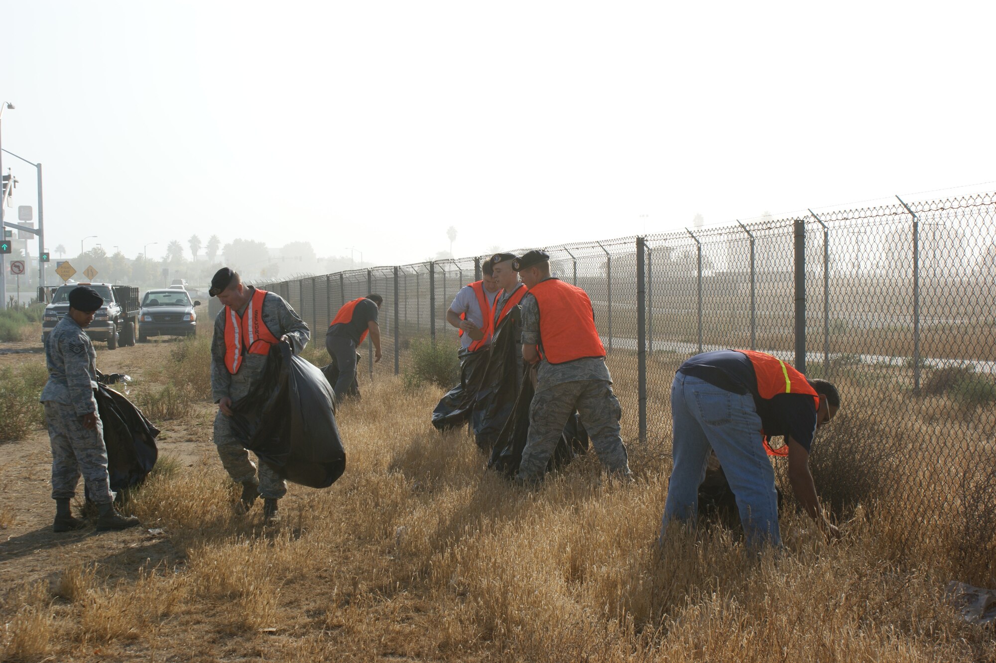 The 452nd Security Forces Squadron Unit Rising Six organized a work detail to clean the area along the perimeter fence adjacent to Cactus Ave. and the 215 Cactus off-ramp during an A-UTA. This is how the area looked during the clean up. Volunteers included 452 SFS traditional reservists and AGRs. “We cleaned more than two miles of base perimeter from the March Air Museum north to the Main Gate,” said organizer Tech. Sgt. Javier Murillo, chairman of the 452 SFS Unit Rising Six. “We gathered more than 50 bags of unsightly trash that was laying on our perimeter in plain sight.” The clean-up was one of the many  activities volunteers perform as members of Rising Six. (U.S. Air Force photo by SrA Alan Bumanglag)