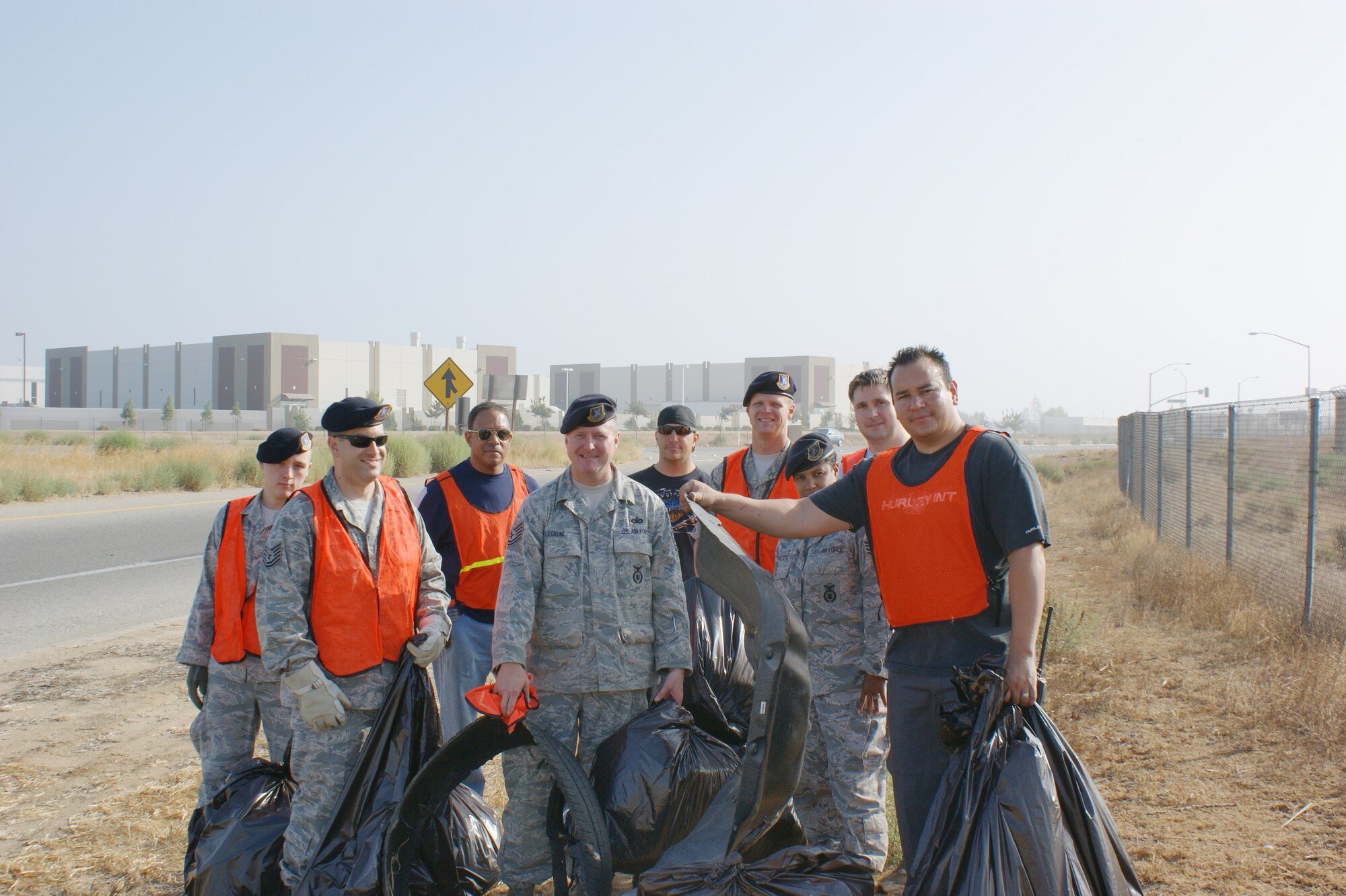 The 452nd Security Forces Squadron Unit Rising Six organized a work detail to clean the area along the perimeter fence adjacent to Cactus Ave. and the 215 Cactus off-ramp during an A-UTA. Volunteers included 452 SFS traditional reservists and AGRs. “We cleaned more than two miles of base perimeter from the March Air Museum north to the Main Gate,” said organizer Tech. Sgt. Javier Murillo, chairman of the 452 SFS Unit Rising Six. “We gathered more than 50 bags of unsightly trash that was laying on our perimeter in plain sight.” The clean-up was one of the many  activities volunteers perform as members of Rising Six. (U.S. Air Force photo by SrA Alan Bumanglag)