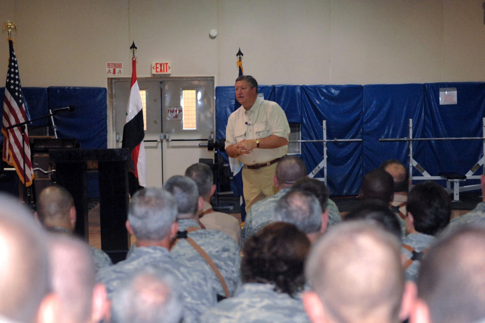 Secretary of the Air Force Michael Donley addresses more than 400 Airmen during his visit to Kirkuk Regional Air Base Oct. 14.  The secretary spoke to Airmen about his vision for the overall mission within the Southwest Asia AOR and the future of the Air Force.  Kirkuk was just one of the secretary's stops during his tour around the AOR. (U.S. Air Force photo/Senior Airman Randi Flaugh)