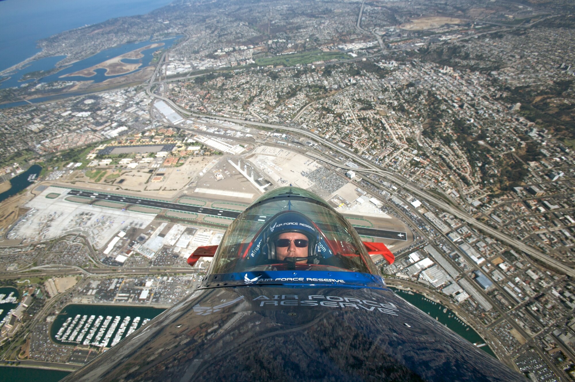 Maj. Ed Hamill soars over Coronado and San Diego bay Oct. 1 in preparation for the Miramar Air Show at Miramar Marine Corps Air Station. Major Hamill is a traditional reservist assigned to the 301st Fighter Squadron at Luke AIr Force Base, Ariz., as an instructor pilot. (Courtesy photo)