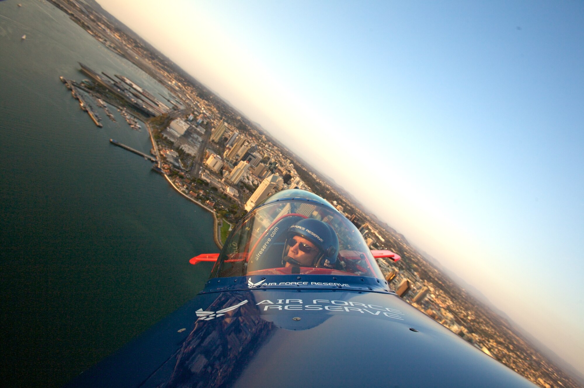 Maj. Ed Hamill soars over Coronado and San Diego bay Oct. 1 in preparation for the Miramar Air Show at Miramar Marine Corps Air Station. Major Hamill is a traditional reservist assigned to the 301st Fighter Squadron at Luke AIr Force Base, Ariz., as an instructor pilot. (Courtesy photo)