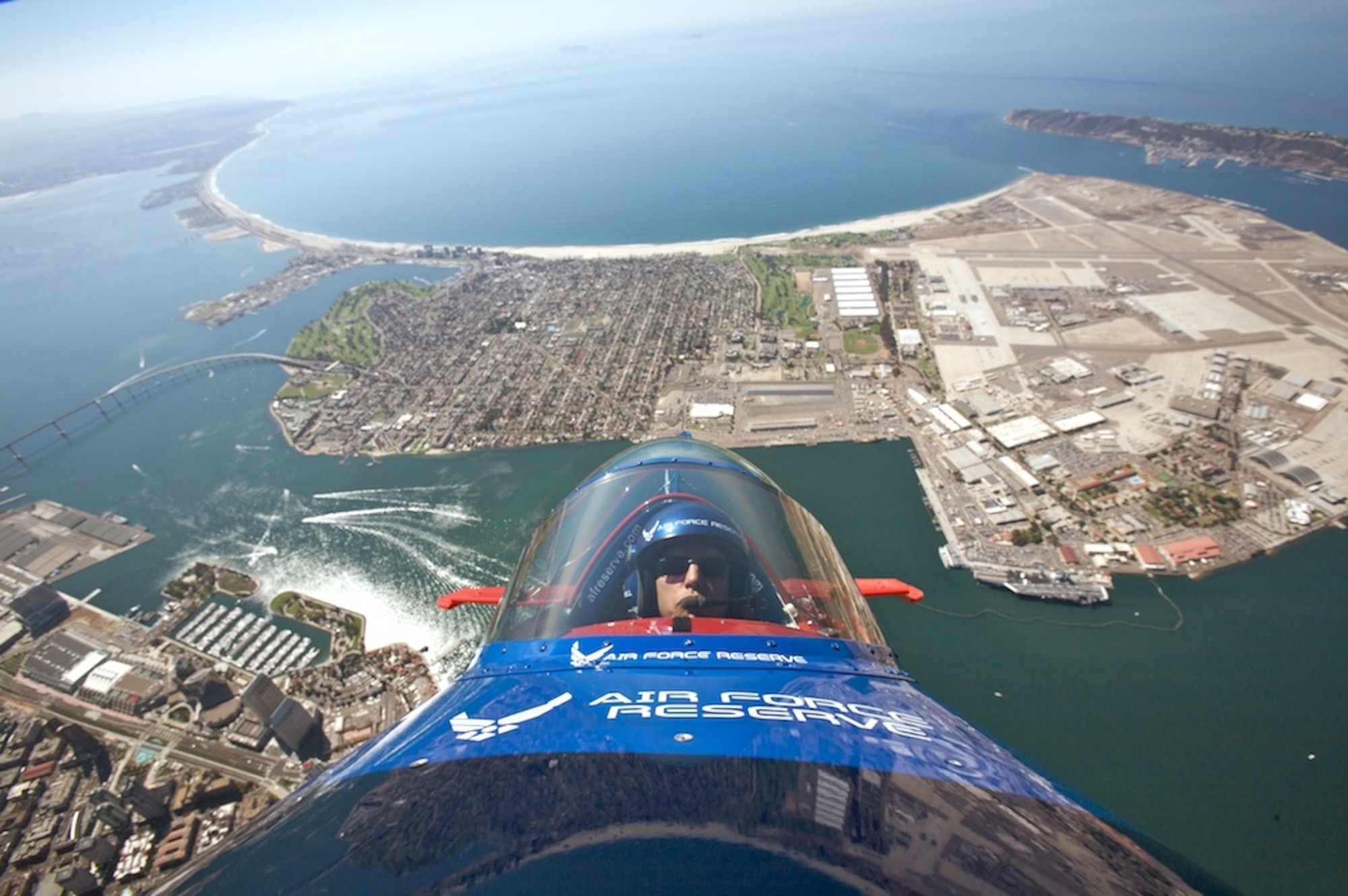 Maj. Ed Hamill soars over Coronado and San Diego bay Oct. 1 in preparation for the Miramar Air Show at Miramar Marine Corps Air Station. Major Hamill is a traditional reservist assigned to the 301st Fighter Squadron at Luke AIr Force Base, Ariz., as an instructor pilot. (Courtesy photo)