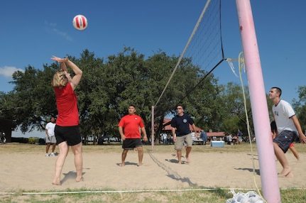 Tech. Sgt. Rachel Herrick prepares to volley the ball during Ocktoberfest 2008 celebrations at Eberle Park. Airmen, coworkers, family members and supervisors spent the day celebrating enlisted Airmen for their contributions to the Air Force and Nation. (U.S. Air Force photo by Rich McFadden)