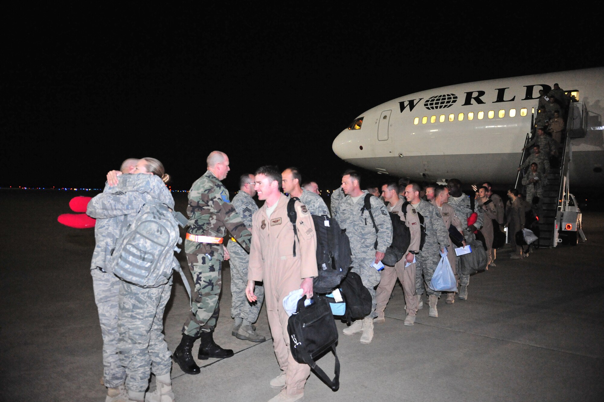 SHAW AIR FORCE BASE, S.C. --  Approximately 340 Airmen from various squadrons are greeted by base leadership upon their return from a four-month deployment to Southwest Asia Oct. 13. The Airmen supported the 77th Fighter Squadron and its pilots during the deployment. (U.S. Air Force photo/Tech. Sgt. Josef Cole)