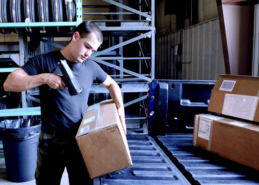 Airman 1st Class John Peppers adds merchandise into records at the Aircraft Parts Store here at Seymour Johnson Air Force Base, N.C. At APS, Airmen check all parts that come in to storage, do accountability, sweep and check for foreign objects on the flightline, and deliver parts to the flightline and aircraft maintenance units when needed. ( U.S. Air Force  photo by Airman 1st Class Whitney Stanfield. 