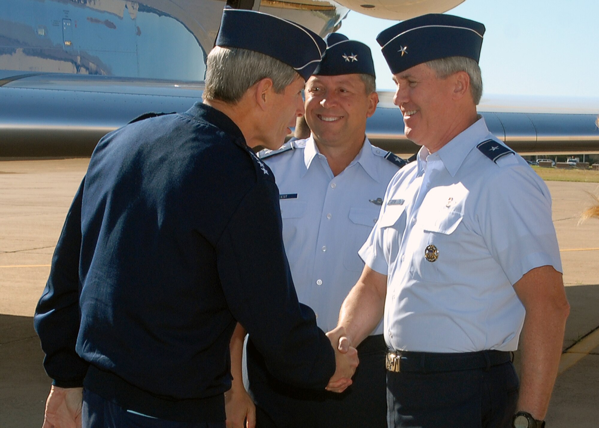 Gen. Norton Schwartz, Chief of Staff of the Air Force, greets Brig. Gen. O. G. Mannon, 82nd Training Wing commander, during the NATO Air Cheifs visit Oct. 9. The chief of staff of the Air Force escorted air chiefs on a visit to Sheppard and the Euro-NATO Joint Jet Pilot Training Program. Sheppard was one of several stops on a multi-base visit. (U.S. Air Force photo/Louanne Slede)