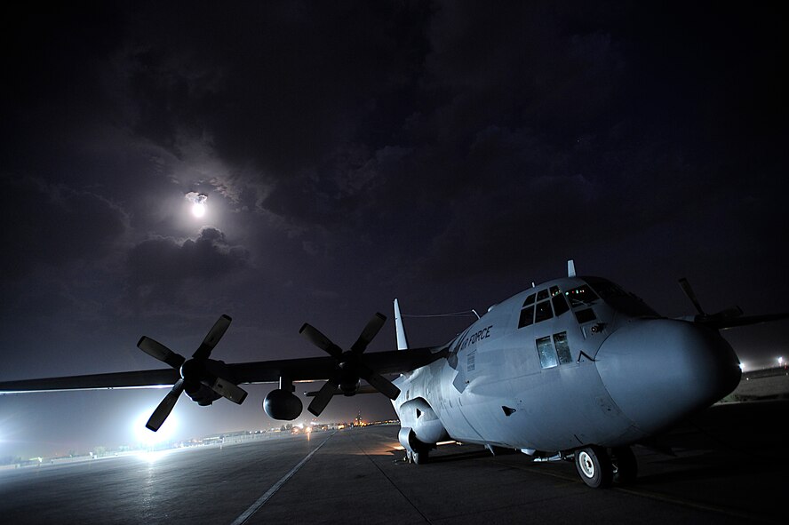 An Iraqi air force C-130 waits for its cargo Oct. 11 at Joint Base Balad, Iraq. The aircraft was on a cargo resupply mission with members of the U.S. Air Force 370th Air Expeditionary Advisory Squadron. The Iraqi air force consists of more than 100 aircraft, including Mi-17 helicopters donated by Russia, UH-1H helicopters donated by Jordan, C-130s donated by the United States, as well as other aircraft. (U.S. Air Force photo/Airman 1st Class Jason Epley) 