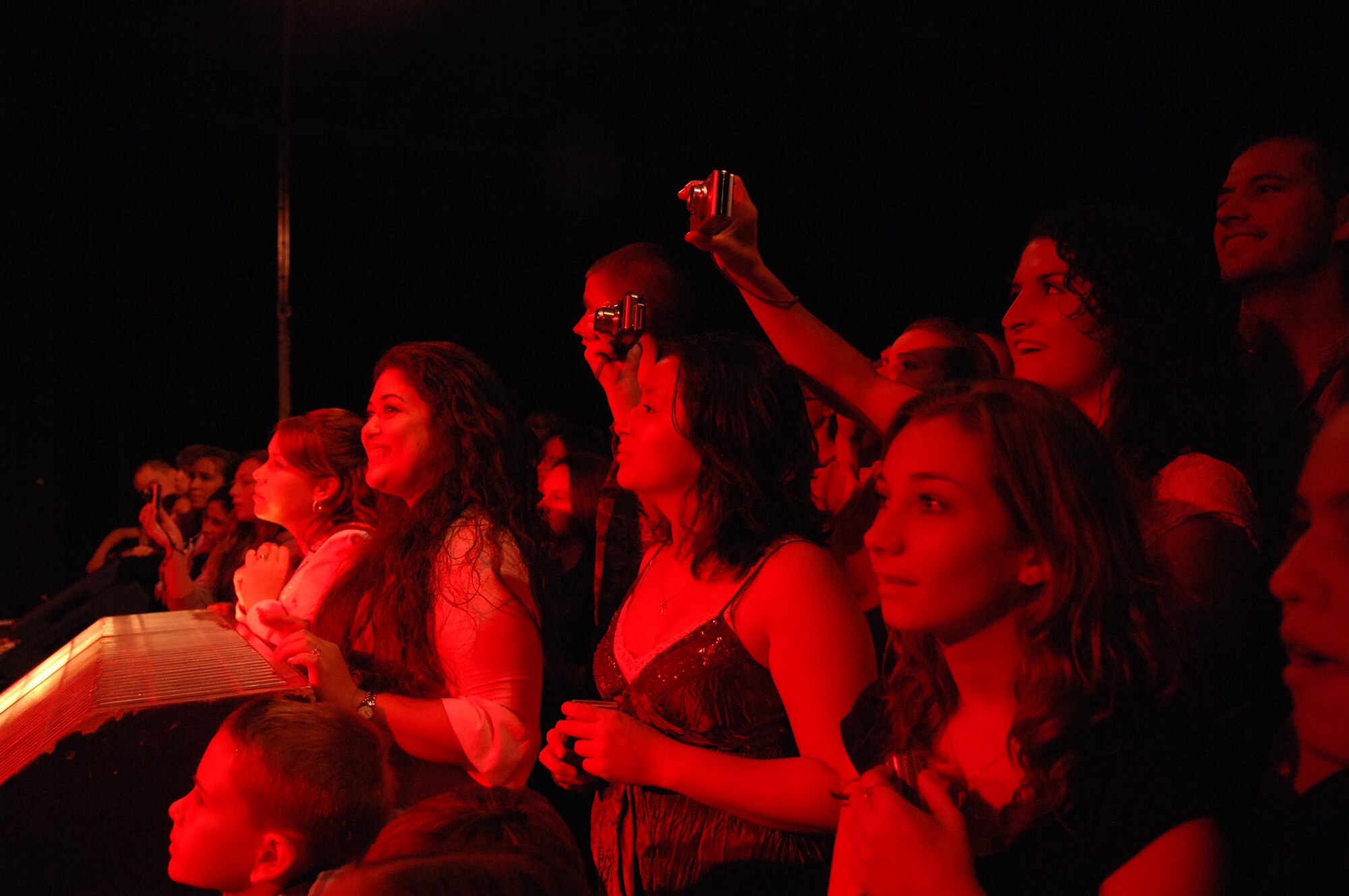 SPANGDAHLEM AIR BASE, Germany -- Sabers from Spangdahlem Air Base come together to cheer on Scott Stapp during a performance at the Skelton Memorial Fitness Center, Spangdahlem AB, Oct. 10, 2008. Mr. Stapp and his band performed at Spangdahlem and many other military personnel overseas to show gratitude for the Armed Forces. (U.S. Air Force photo by Airman 1st Class Nicholas Wilson)