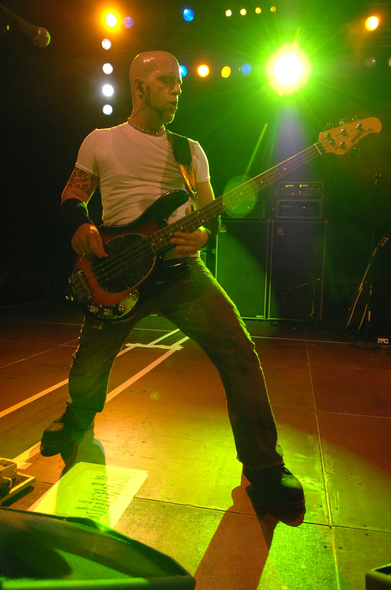 SPANGDAHLEM AIR BASE, Germany -- A guitarist with Scott Stapp rocks out during a free concert performed by Stapp and his band at the Skelton Memorial Fitness Center, Spangdahlem Air Base, Oct. 10, 2008. Mr. Stapp earned three multi-platinum records with the rock band Creed, and has sold over 50 million copies worldwide. (U.S. Air Force photo by Airman 1st Class Nicholas Wilson)