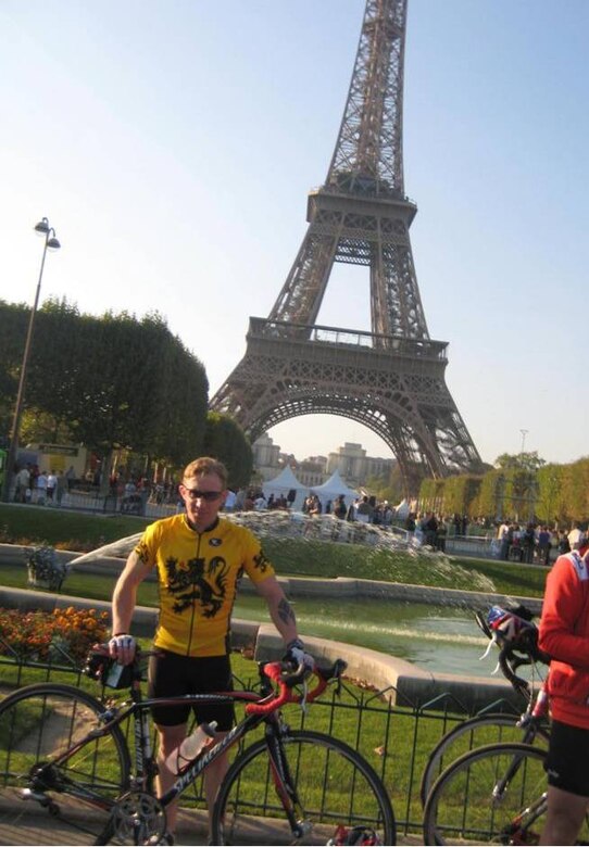 JAC Navy Petty Officer 1st Class Steven D. Painter completed a 180 mile race from London to Paris which ended with him cycling under the famed Paris Eiffel Tower on Sepember 29, 2008. For the JAC petty officer this was just another challenge following completion of two Tokyo marathons during his previous tour of duty at Yokosuka, Japan. In completing the race, Petty Officer Painter helped raise money for the National Deaf Children's Society. (Photo courtesy of Steven Painter) 