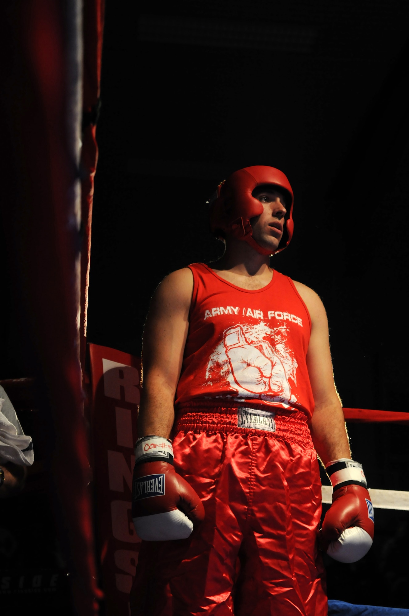 United States Air Force Tech. Sgt. John Williams, AFTAC/DET 319, Ramstein Air Base, enters the ring for his boxing match at Vogelweh Air Base, against U.S. Army Spc. Antonio Feagins, 406th Maintenance, Kaiserslautern, Oct. 11, 2008. Tech. Sgt. was defeated by U.S. Army Spc. Feagins who boxes with the Heidelberg Boxing Gymnasium. (U.S. Air Force photo by Airman 1st Class Grovert Fuentes-Contreras)(Released)