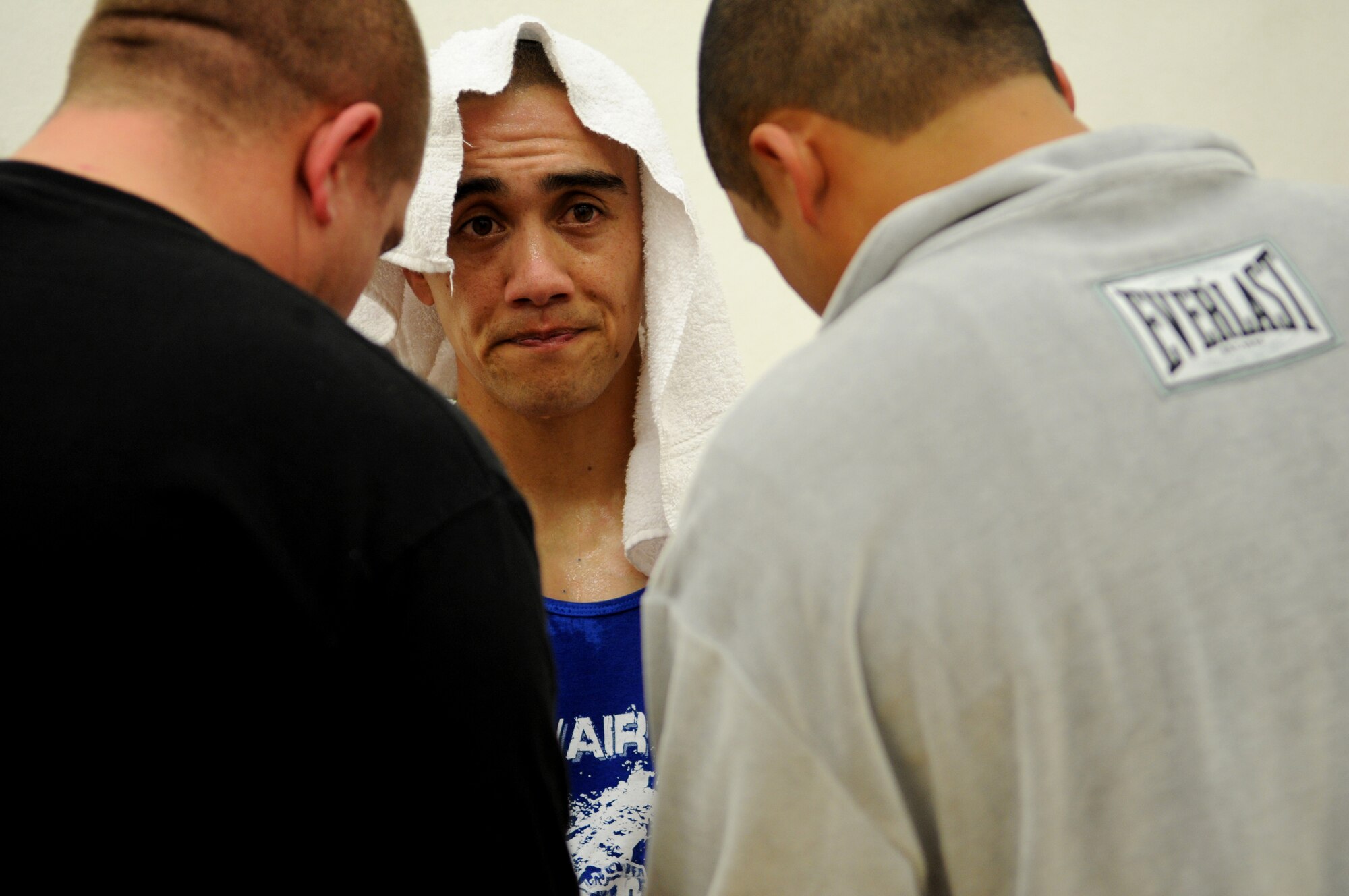 United States Air Force Staff Sgt. Joseph Buyson, 435th Munitions Squadron, Ramstein Air Base, cools down after his boxing match against U.S. Army Sgt. Frank Horsey, 406th Maintenance, Kaiserslautern, Vogelweh Air Base, Germany, Oct. 11, 2008. Staff Sgt. Buyson was defeated by U.S. Army Sgt. Horsey. (U.S. Air Force photo by Airman 1st Class Grovert Fuentes-Contreras)(Released)