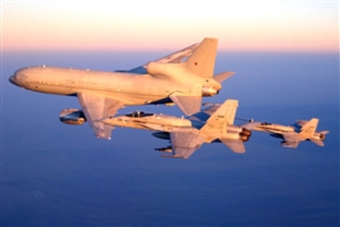 An F/A-18C Hornet, assigned to the "Stingers" of Strike Fighter Squadron 113, holds in the port observation position on a British Royal Air Force L-1011 refueling aircraft while another Hornet from Carrier Air Wing 14 takes on fuel over Southern Afghanistan, Oct. 9, 2008. The Nimitz-class aircraft carrier USS Ronald Reagan and CVW 14 are providing support to coalition forces on the ground in Afghanistan. 