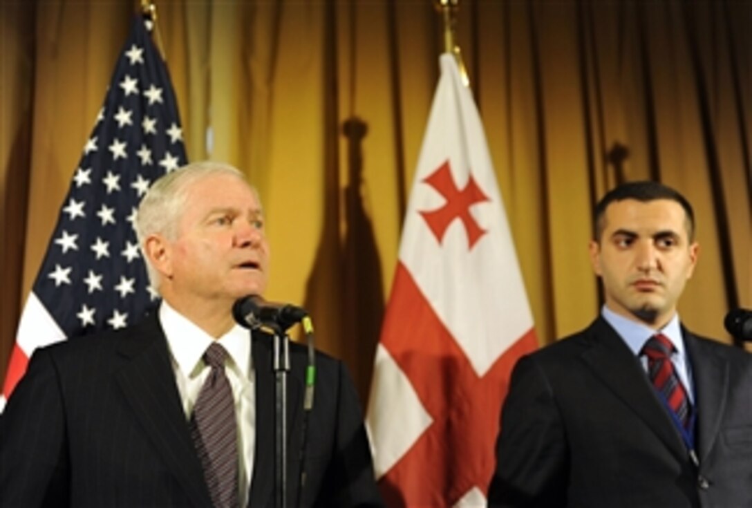 Secretary of Defense Robert M. Gates (left) and Georgian Minister of Defense Davit Kezerashvili conduct a press briefing after meeting during the Budapest NATO Conference in Budapest, Hungary, on Oct. 9, 2008.  