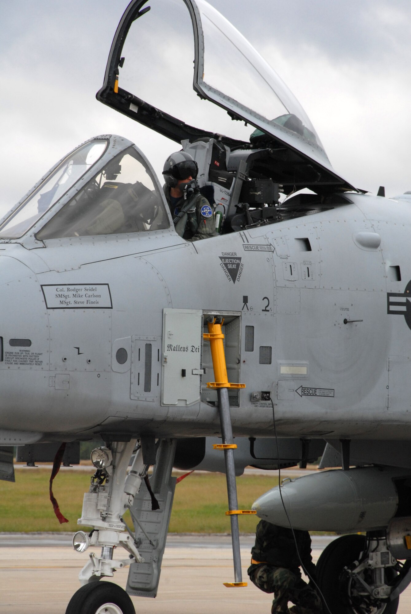 Capt Jeremy Stoner, an A-10 pilot from the 110th Fighter Wing, Michigan Air National Guard, prepares to shut down engines following his arrival at the Salina, Kan., airport Oct. 15 for Hawgsmoke 2008.  Hawgsmoke is a bienniel competition for A-10 pilots from across the Air Force that tests aerial bombing and gunnery skills.  This year's Hawgsmoke is hosted by the Air Force Reserve Command's 442nd Fighter Wing, based at Whiteman Air Force Base, Mo.  The competition lasts through Oct. 18 and pilots will use the Smoky Hill Range near Salina to hit targets with 30-mm cannnon rounds and practice munitions.  (U.S. Air Force photo/Maj. David Kurle)