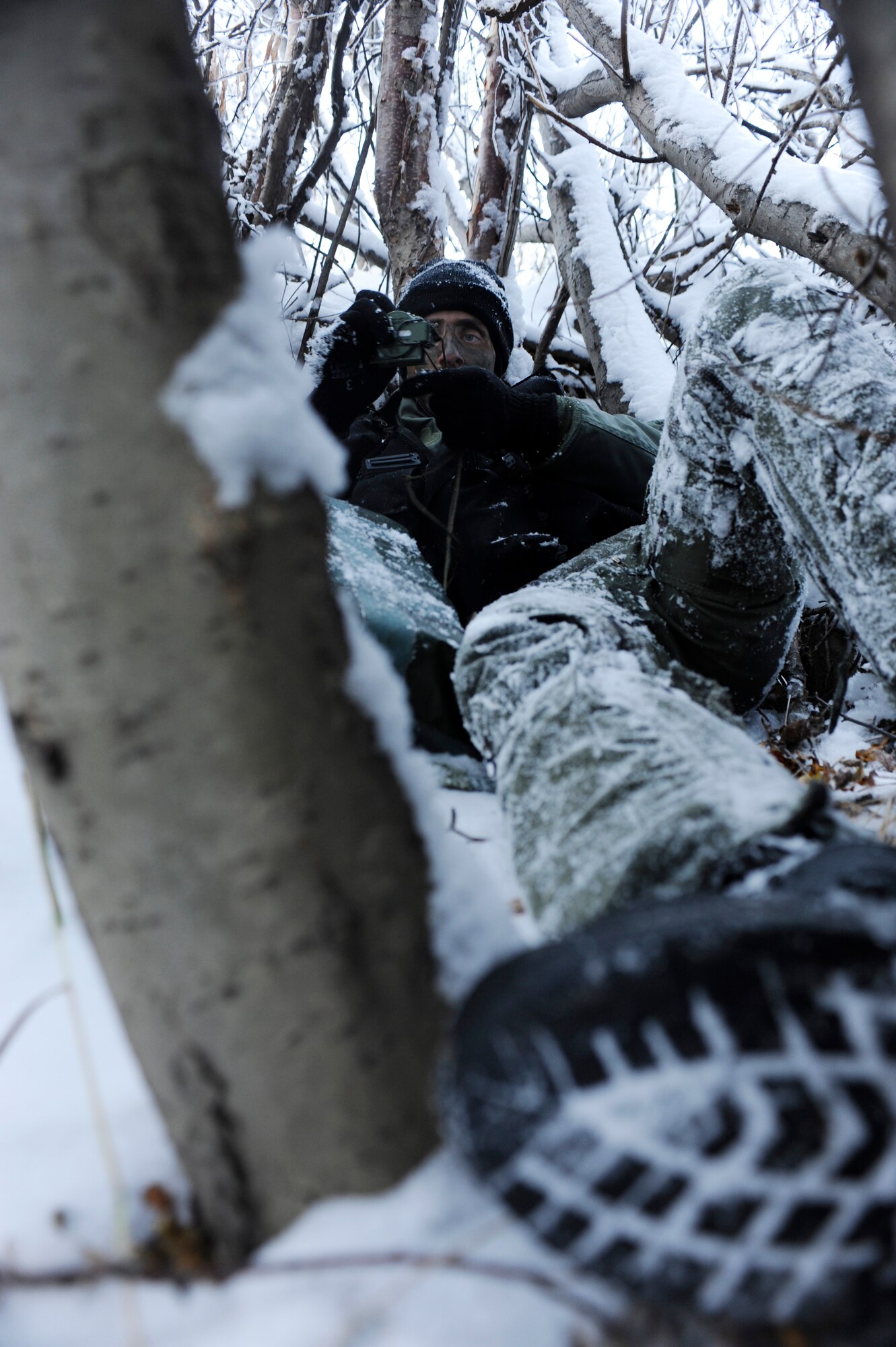 1st Lt. Matt Feeman, 80th Fighter Squadron, Kunsan Air Base, Korea hides in the thick brush as he figures out a direction to navigate through the woods to a safe location to get extracted during RED FLAG-Alaska 09-1 Oct. 14, 2008, at Eielson Air Force Base, Alaska. Lieutenant Feeman is playing the role of a pilot who was shot down behind enemy lines and he must now survive, evade, resist and escape to successfully complete the training mission.  (U.S. Air Force photo/Senior Airman Jonathan Snyder)