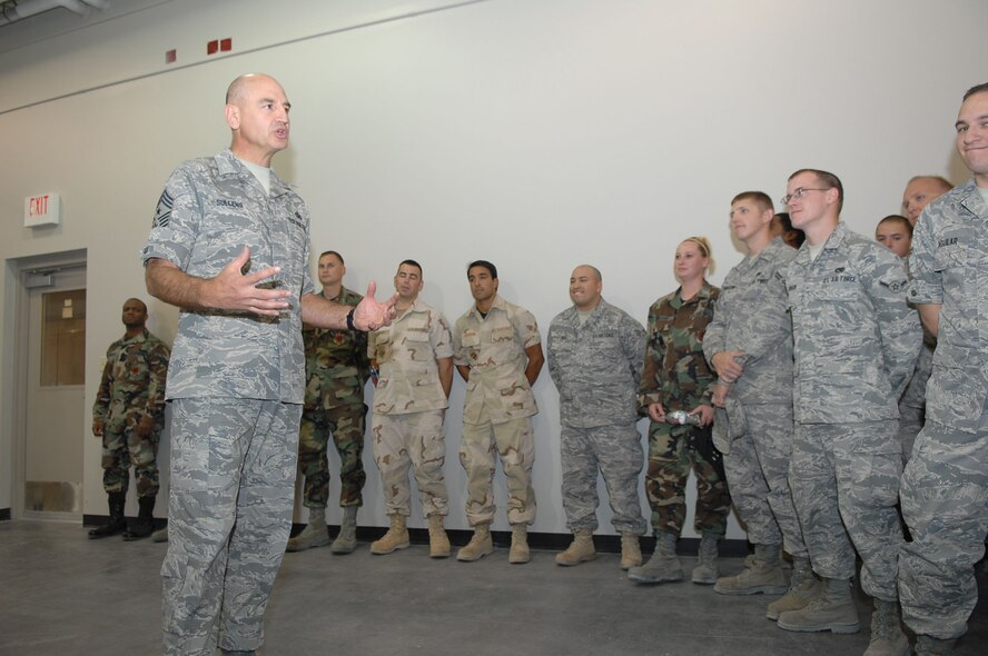 CREECH AFB, Nev. -- Chief Master Sgt. Stephen Sullens, Air Combat Command, command chief, speaks to Airmen assigned to the 432d Maintenance Squadron here Oct. 9.  The chief visited with operations, maintenance and security forces Airmen, at the 432d Wing and 432d Air Expeditionary Wing, as well as the 99th Ground Combat Training Squadron. This was Chief Sullens’ second visit to Creech since becoming the ACC command chief in November 2007.  (U.S. Air Force photo/Senior Airman Brian Ybarbo)