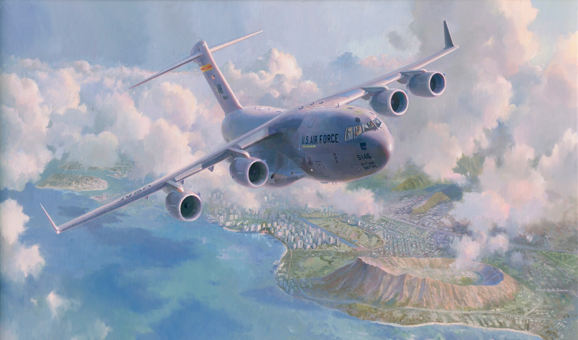 "Waikiki Sunrise," a painting by aviation artist Keith Ferris, is one of more than 200 paintings being introduced into the Air Force Art Program. The new artwork will be displayed Oct. 21 through 24 at the Officers' Club at Bolling Air Force Base, D.C. There are more than 9,400 paintings in the Air Force Art Program collection. (U.S. Air Force illustration) 
