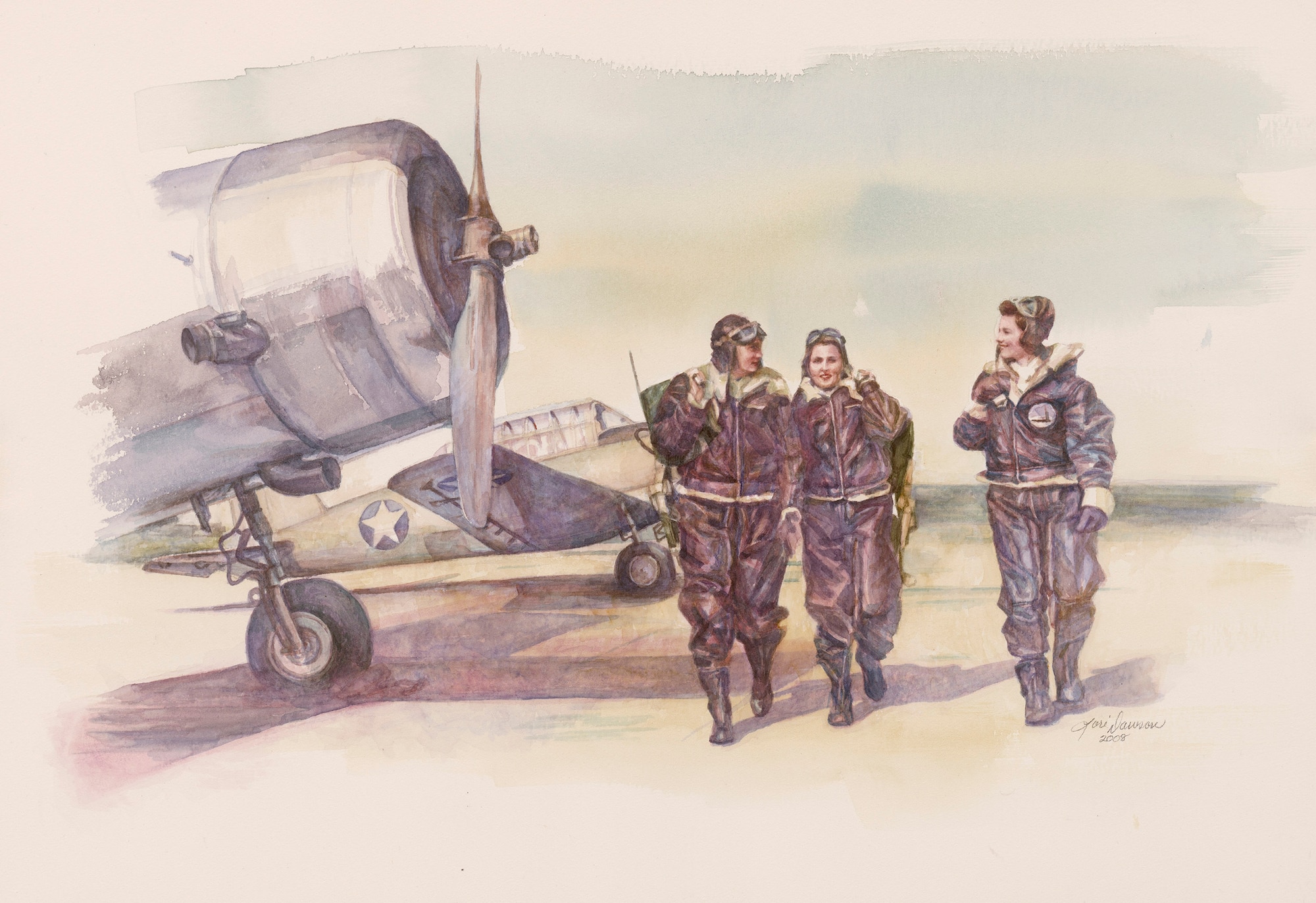 "Three Pretty Fly Girls," a watercolor painting by artist Lori Dawson, is one of more than 200 paintings being introduced into the Air Force Art Program. The new artwork will be displayed Oct. 21 through 24 at the Officers' Club at Bolling Air Force Base, D.C. There are more than 9,400 paintings in the Air Force Art Program collection. (U.S. Air Force illustration) 

