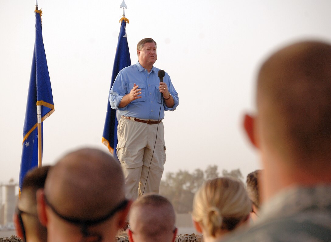 Secretary of the Air Force Michael B. Donley speaks at a Airmen's Call during an Oct. 13 visit to Joint Base Balad, Iraq. (U.S. Air Force photo/Tech. Sgt. Richard Lisum)